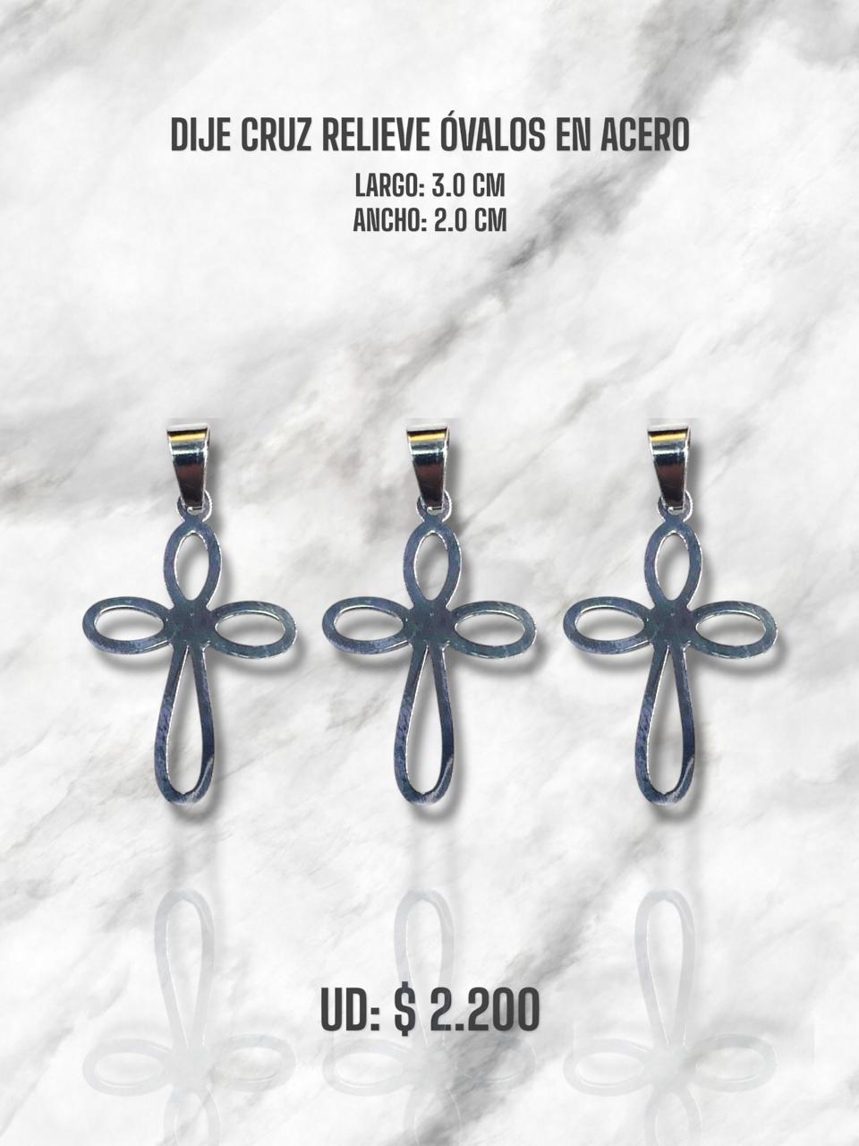 DIJE CRUZ RELIEVE OVALOS EN ACERO PLATEADO