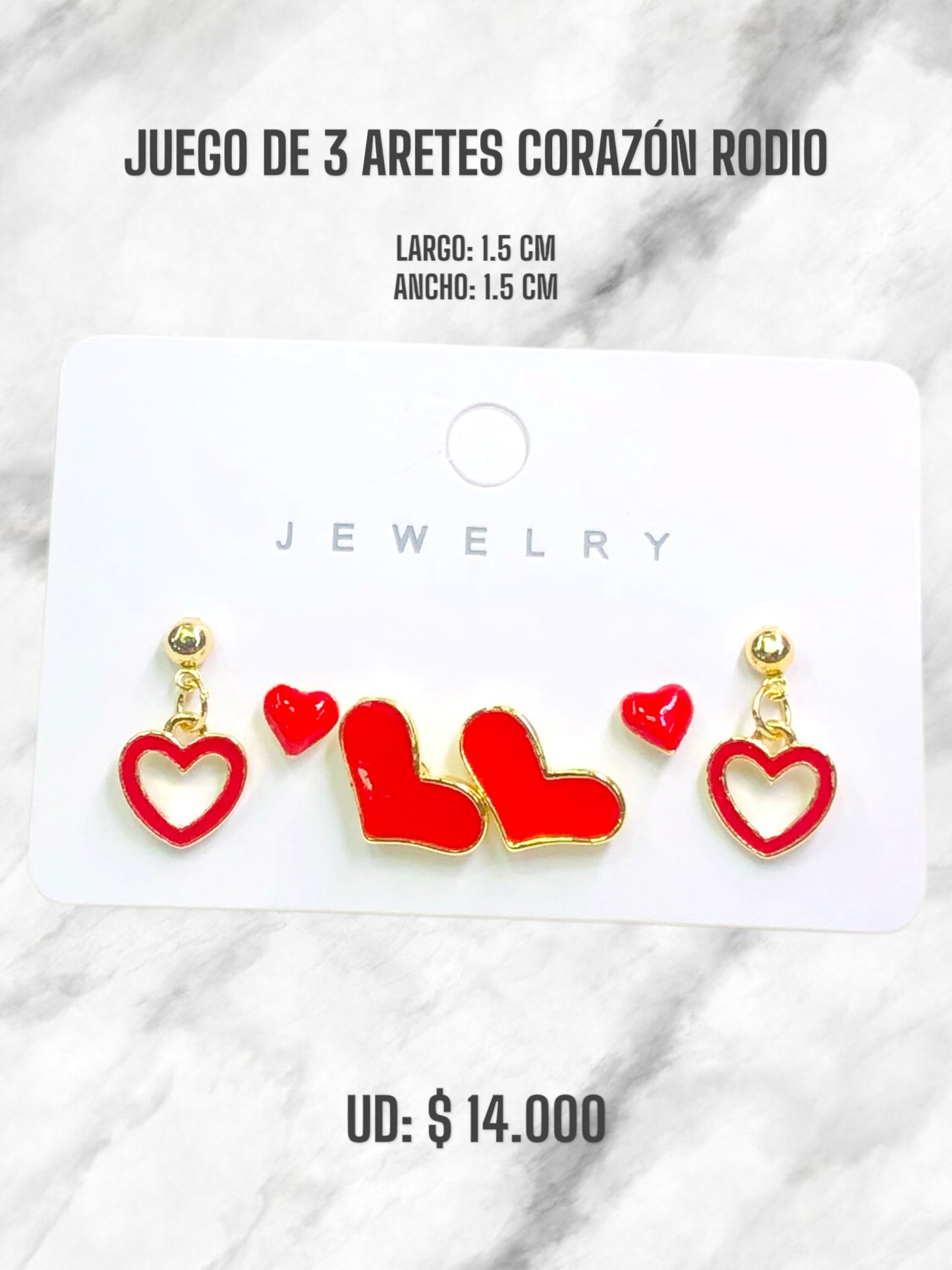 JUEGO DE 3 ARETES CORAZÓN RODIO