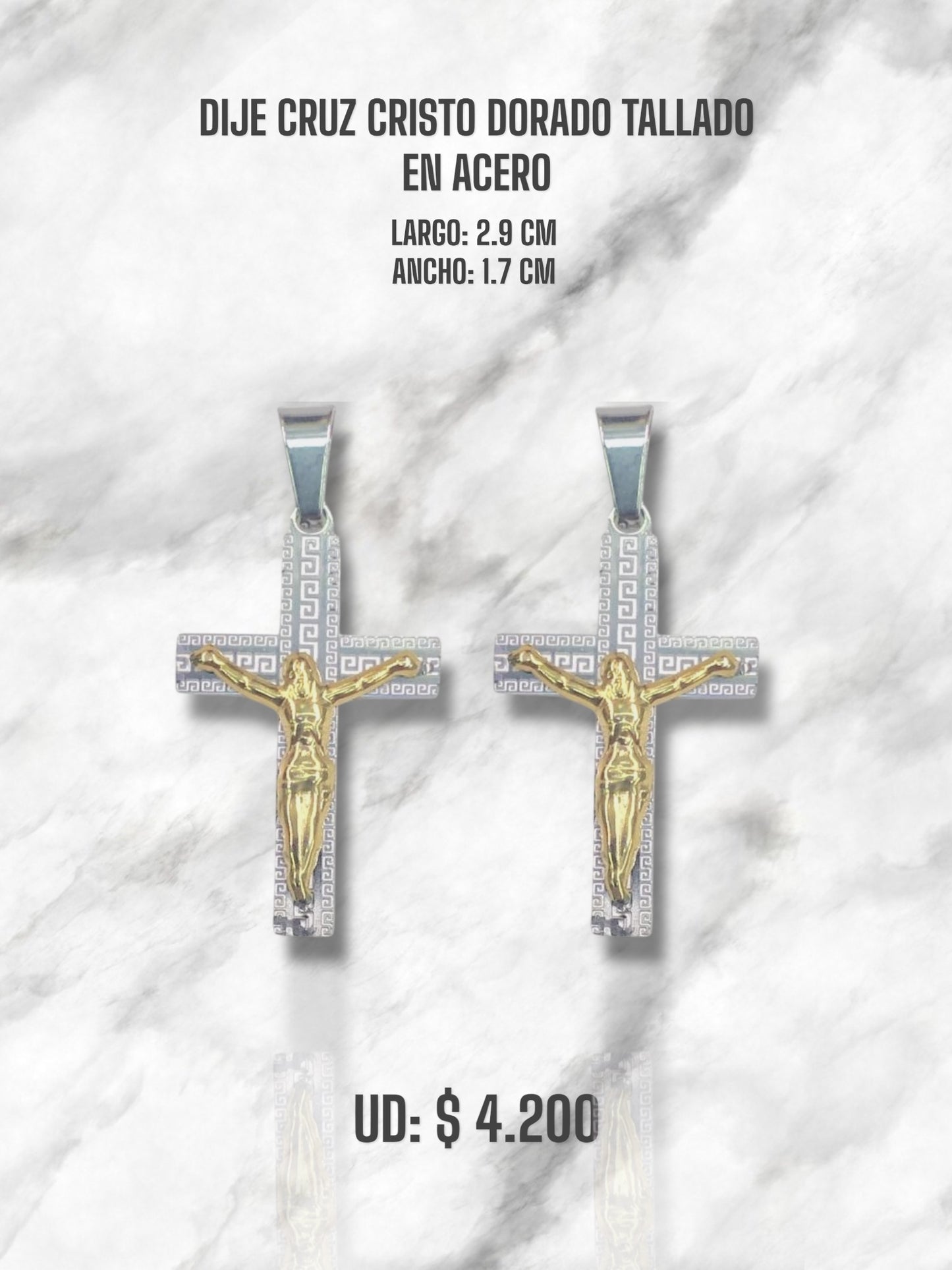 DIJE CRUZ CRISTO DORADO TALLADO EN ACERO PLATEADO