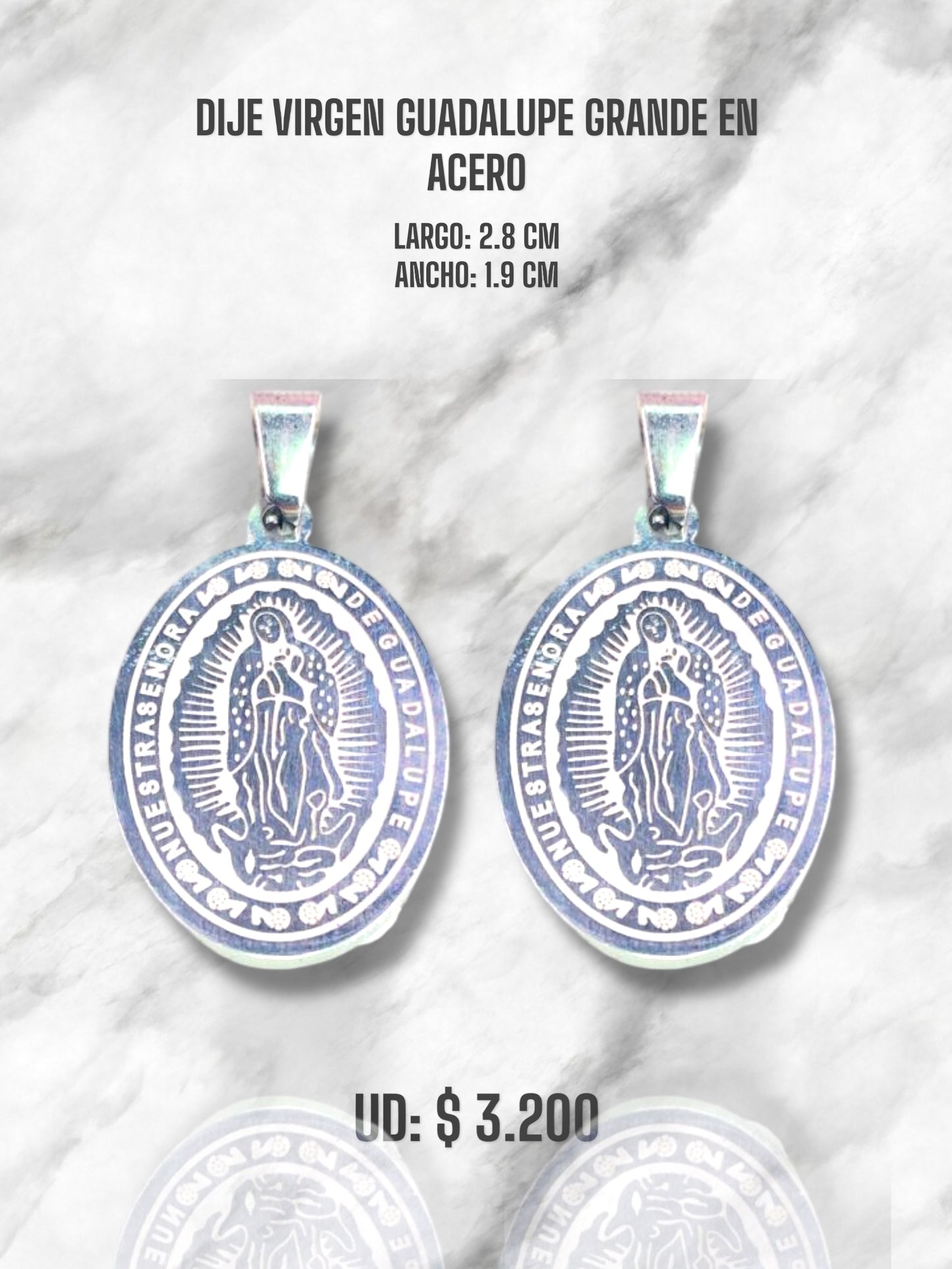 DIJE VIRGEN DE GUADALUPE GRANDE EN ACERO PLATEADO