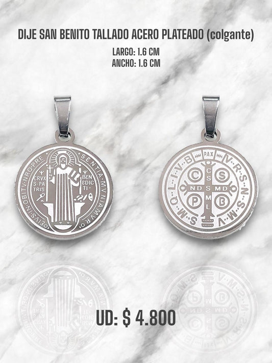 DIJE MEDALLA SAN BENITO TALLADO 2 ACERO PLATEADO