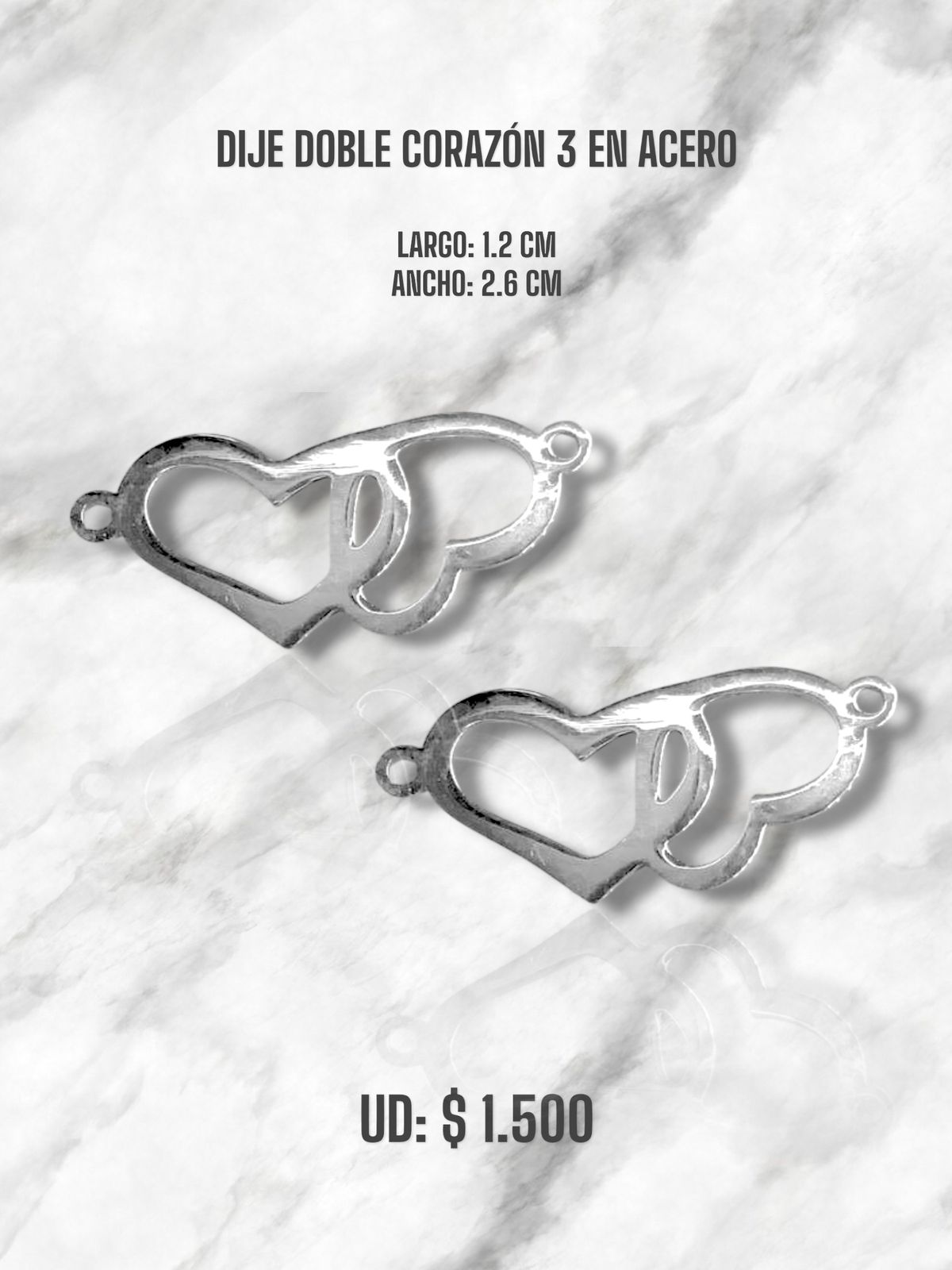 DIJE DOBLE CORAZÓN 3 EN ACERO PLATEADO