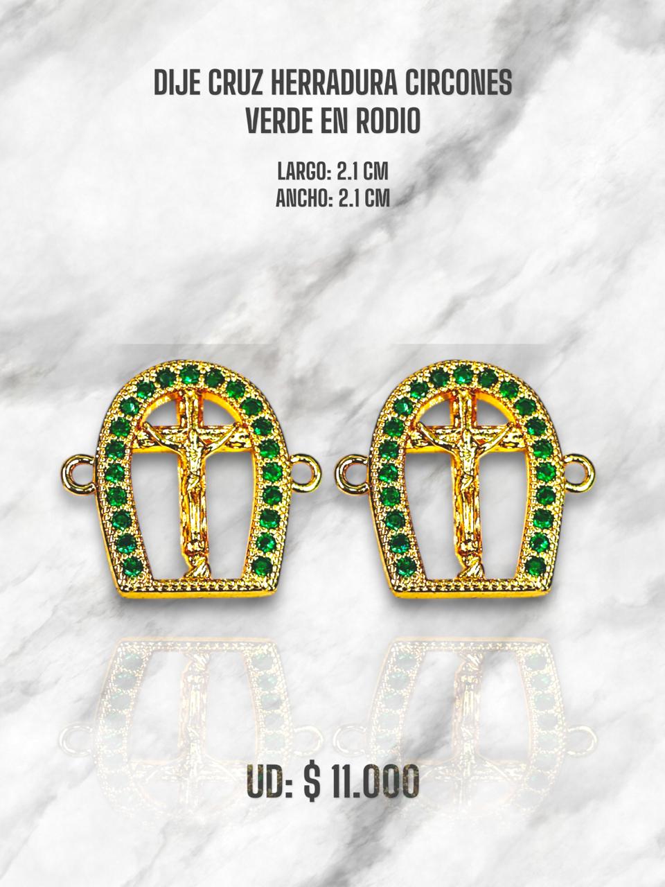 DIJE CRUZ HERRADURA CIRCONES VERDE EN RODIO