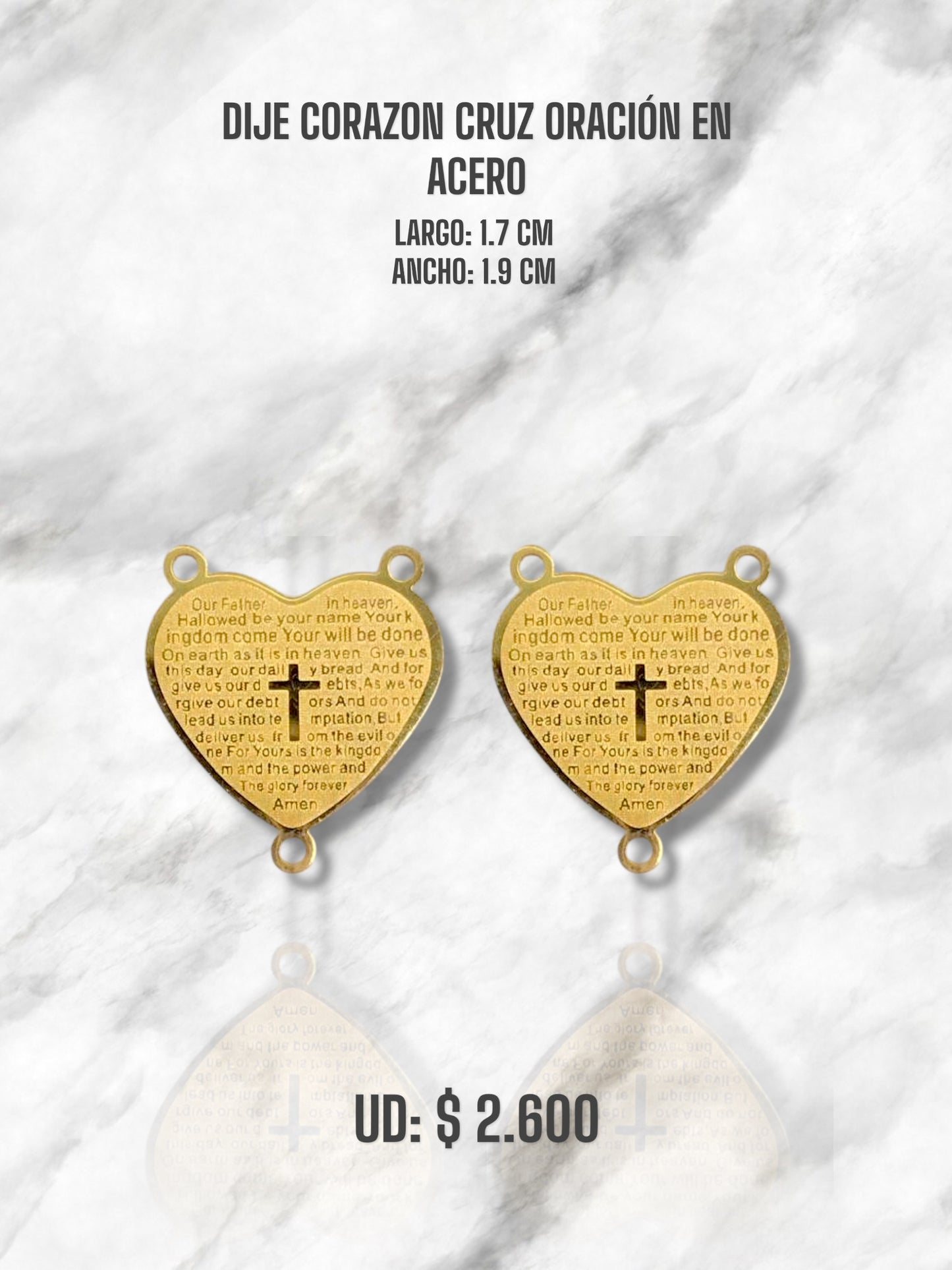 DIJE CORAZÓN CRUZ ORACIÓN EN ACERO DORADO