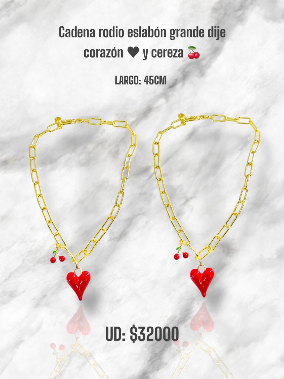 CADENA RODIO ESLABÓN GRANDE DIJE CORAZÓN Y CEREZA