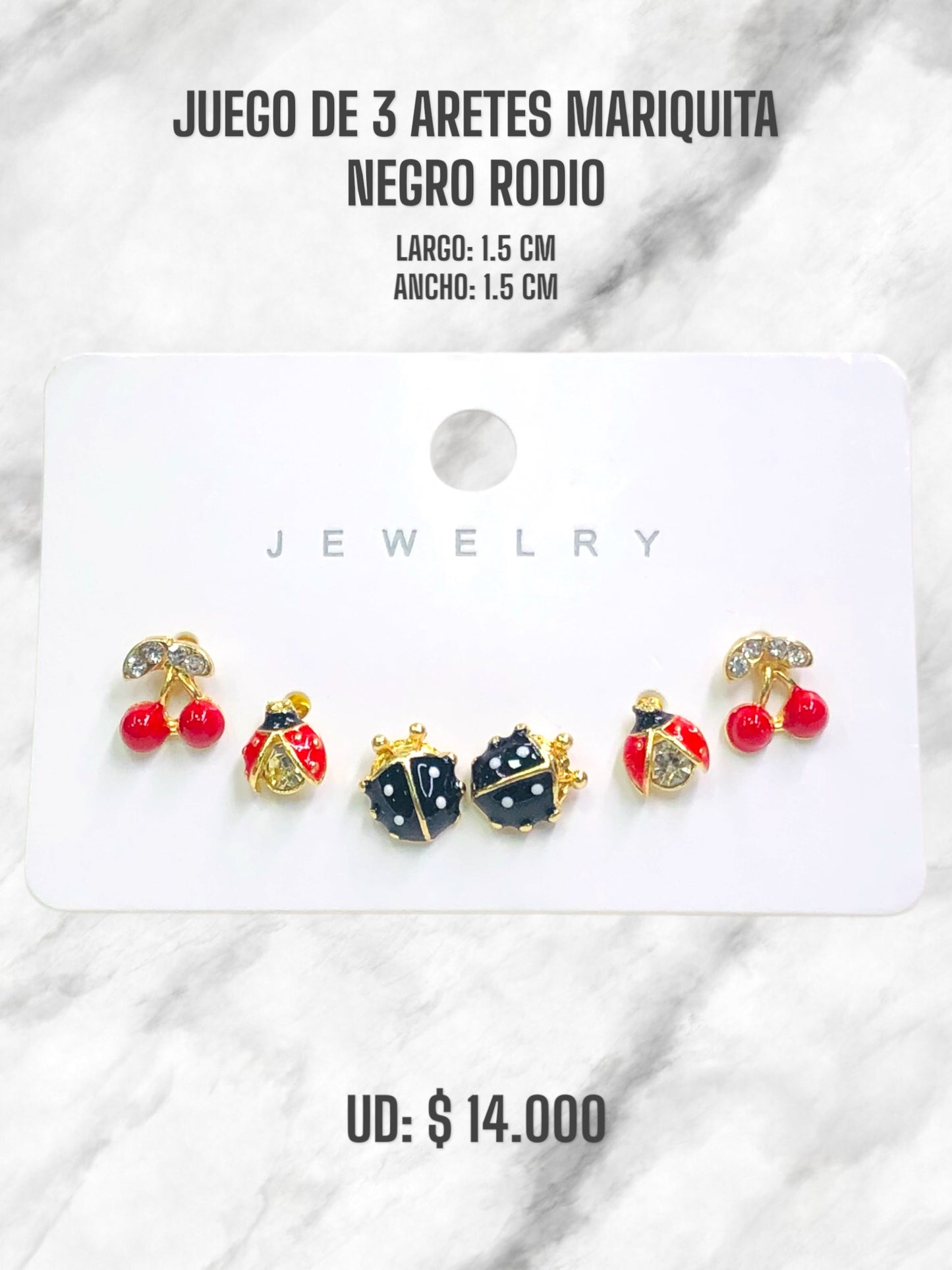 JUEGO DE 3 ARETES MARIQUITA NEGRO RODIO