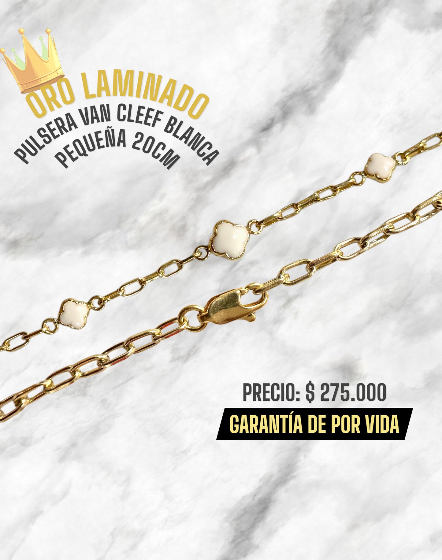 PULSERA VAN CLEEF BLANCA PEQUEÑA 20CM ORO LAMINADO