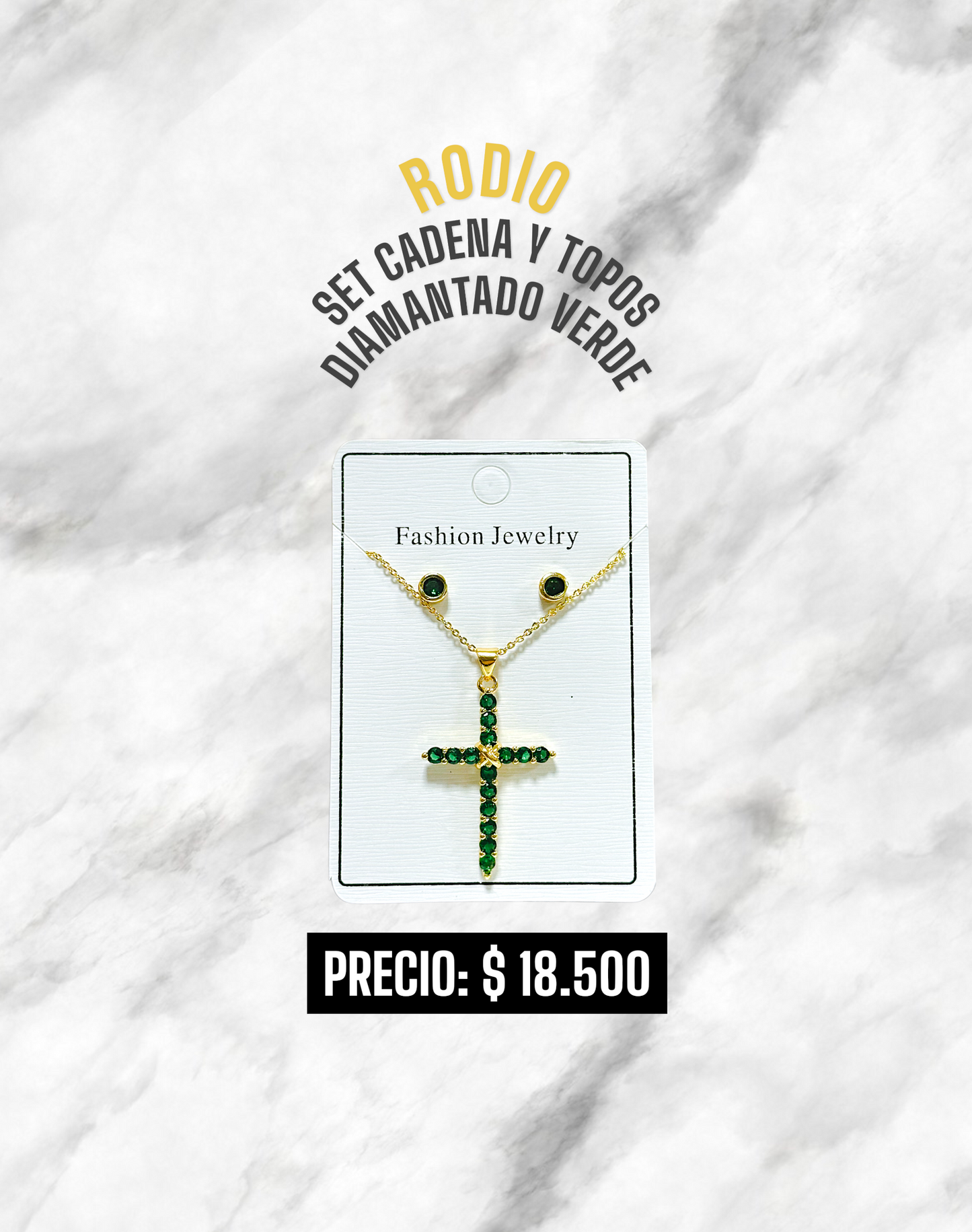 SET CADENA Y TOPOS DIAMANTADO VERDE RODIO