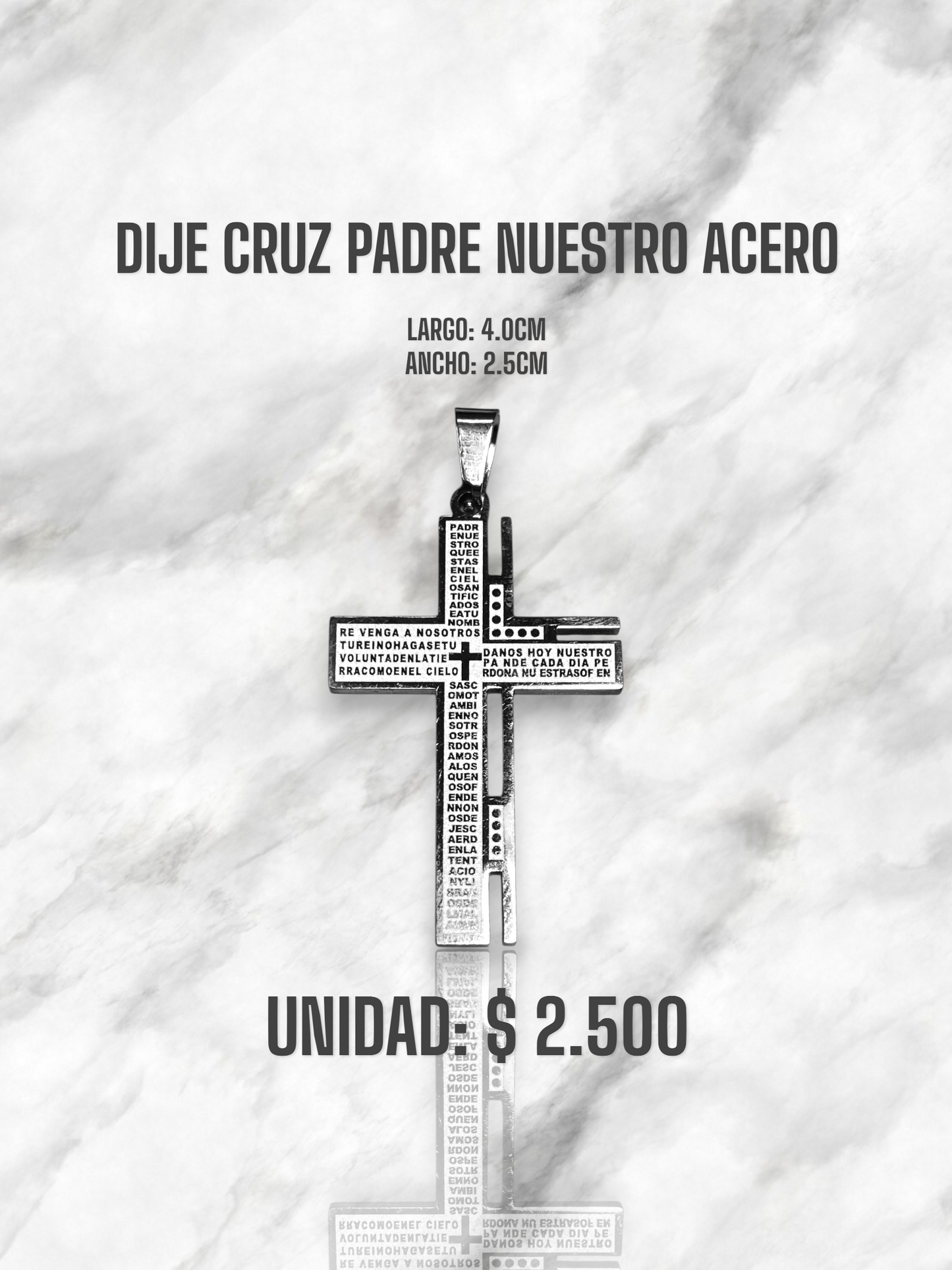 DIJE CRUZ PADRE NUESTRO ABIERTA ACERO PLATEADO