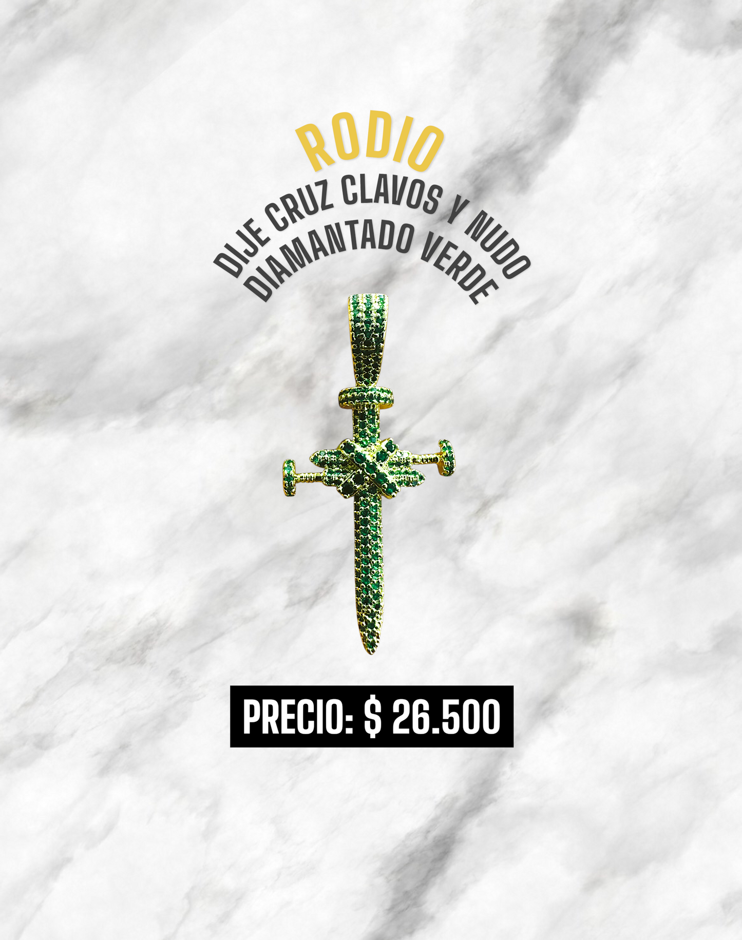 DIJE CRUZ CLAVOS Y NUDO DIAMANTADO VERDE RODIO