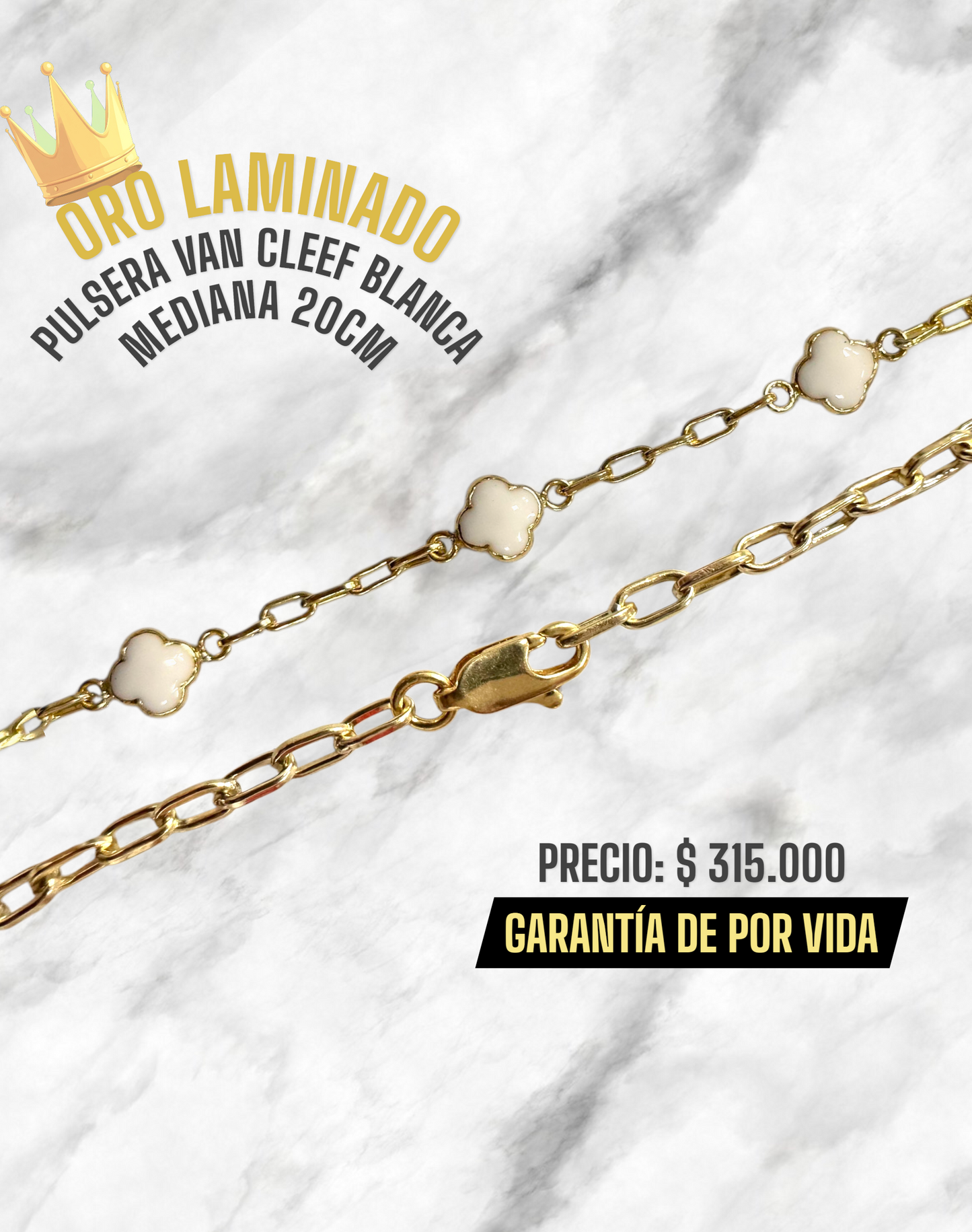 PULSERA VAN CLEEF BLANCA MEDIANA 20CM ORO LAMINADO