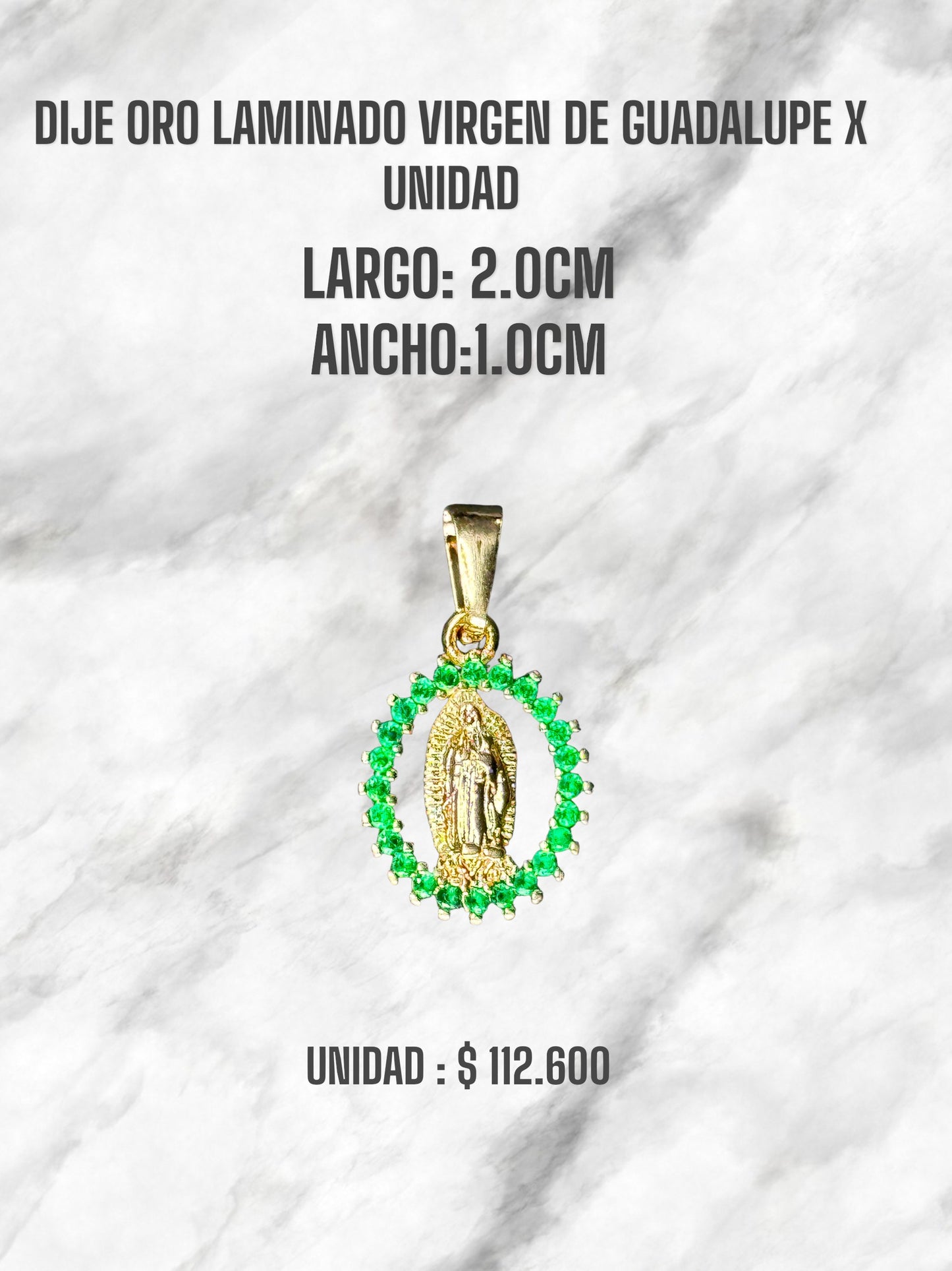 DIJE ORO LAMINADO VIRGEN DE GUADALUPE CIRCÓN VERDE X UNIDAD