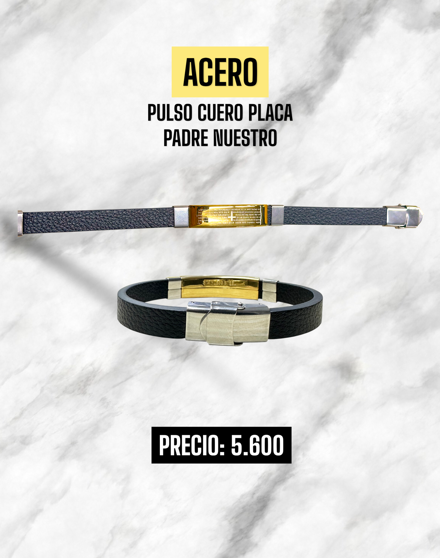 PULSERA CUERO PLACA PADRE NUESTRO ACERO