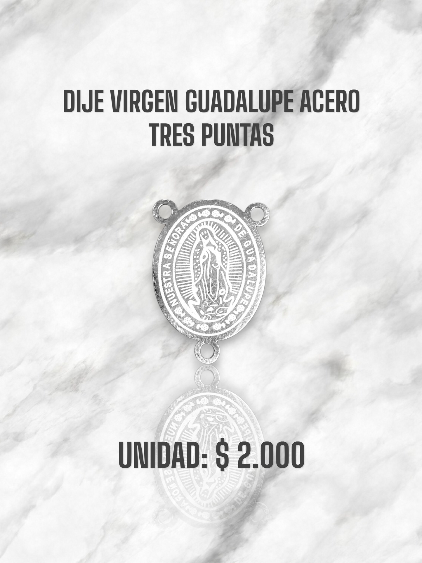 DIJE VIRGEN GUADALUPE TRES PUNTAS ACERO PLATEADO