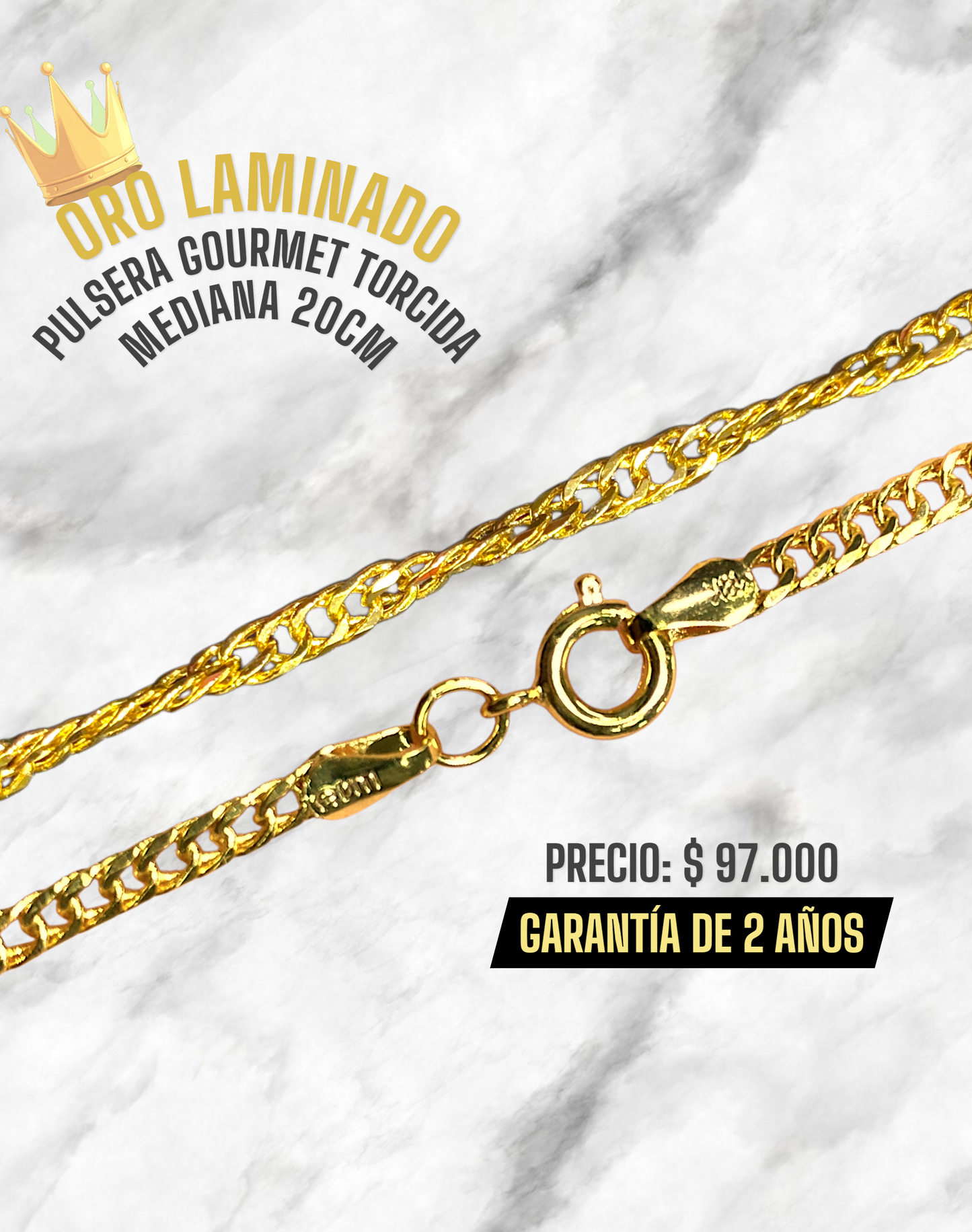 PULSERA GOURMET TORCIDA MEDIANA 20CM ORO LAMINADO