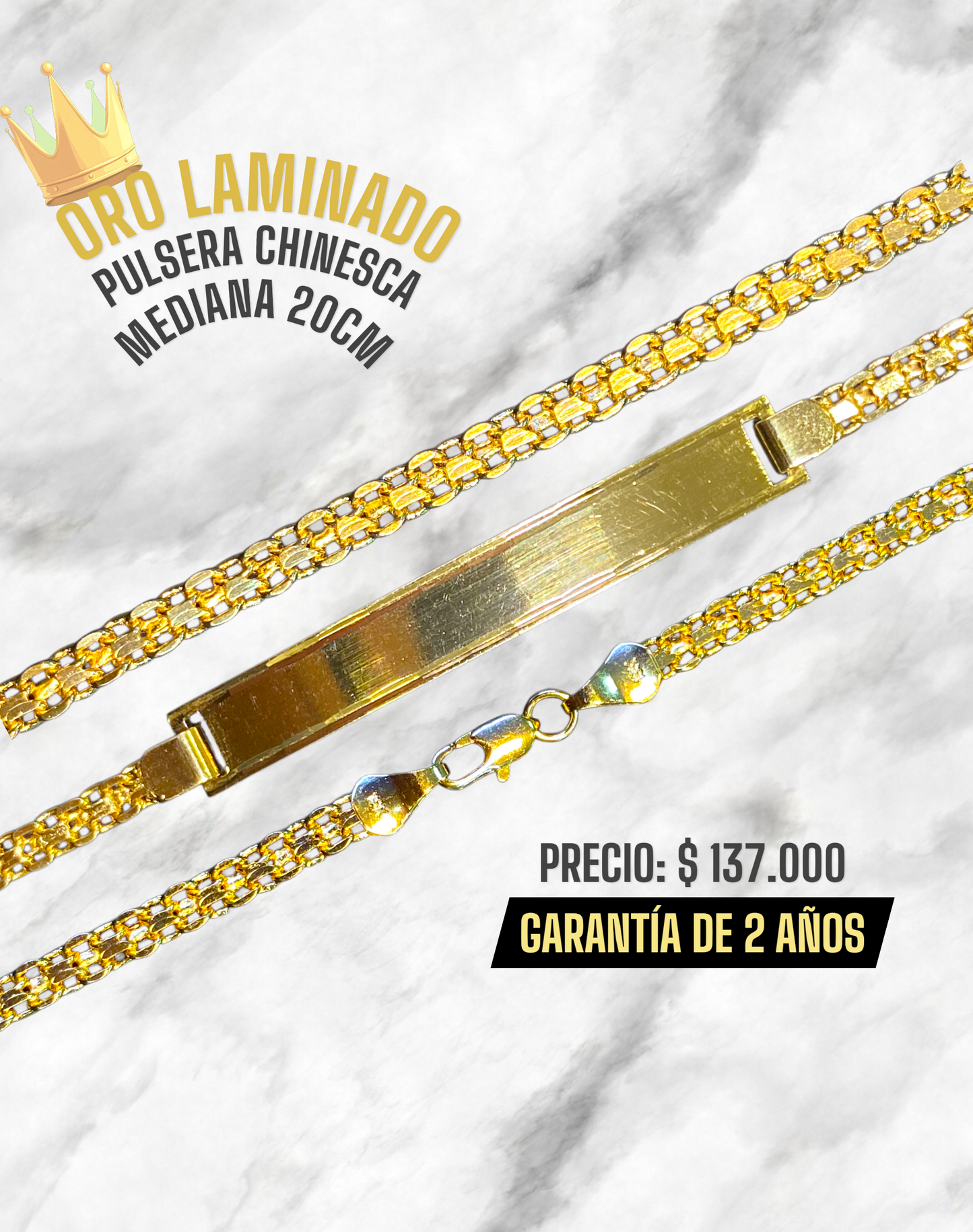 PULSERA CHINESCA MEDIANA CON PLACA 20CM ORO LAMINADO