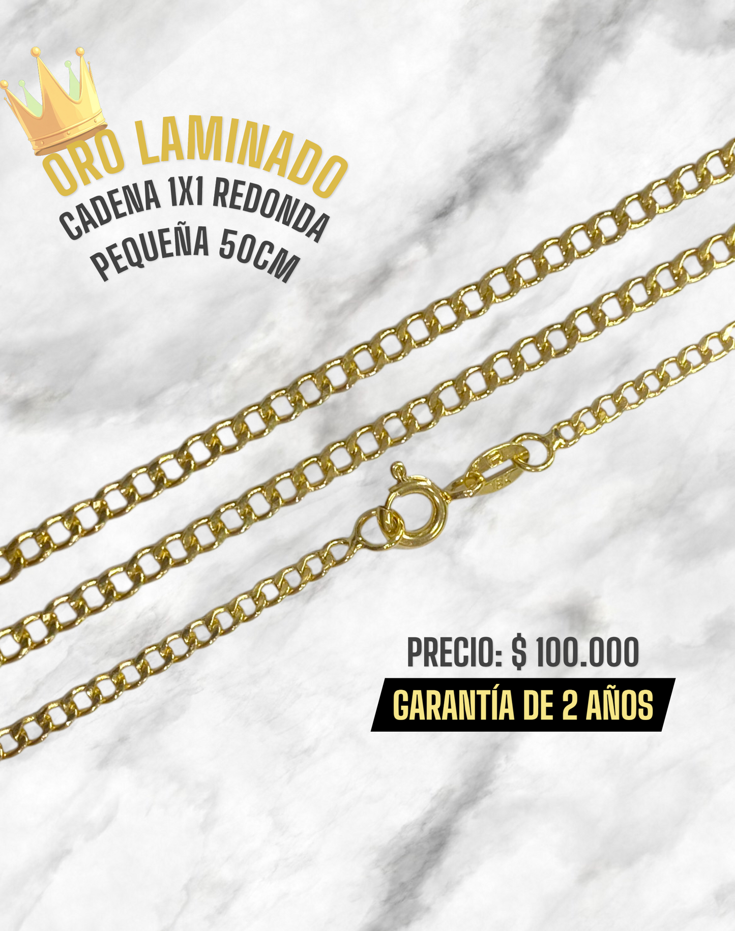CADENA 1X1 REDONDO 50CM ORO LAMINADO