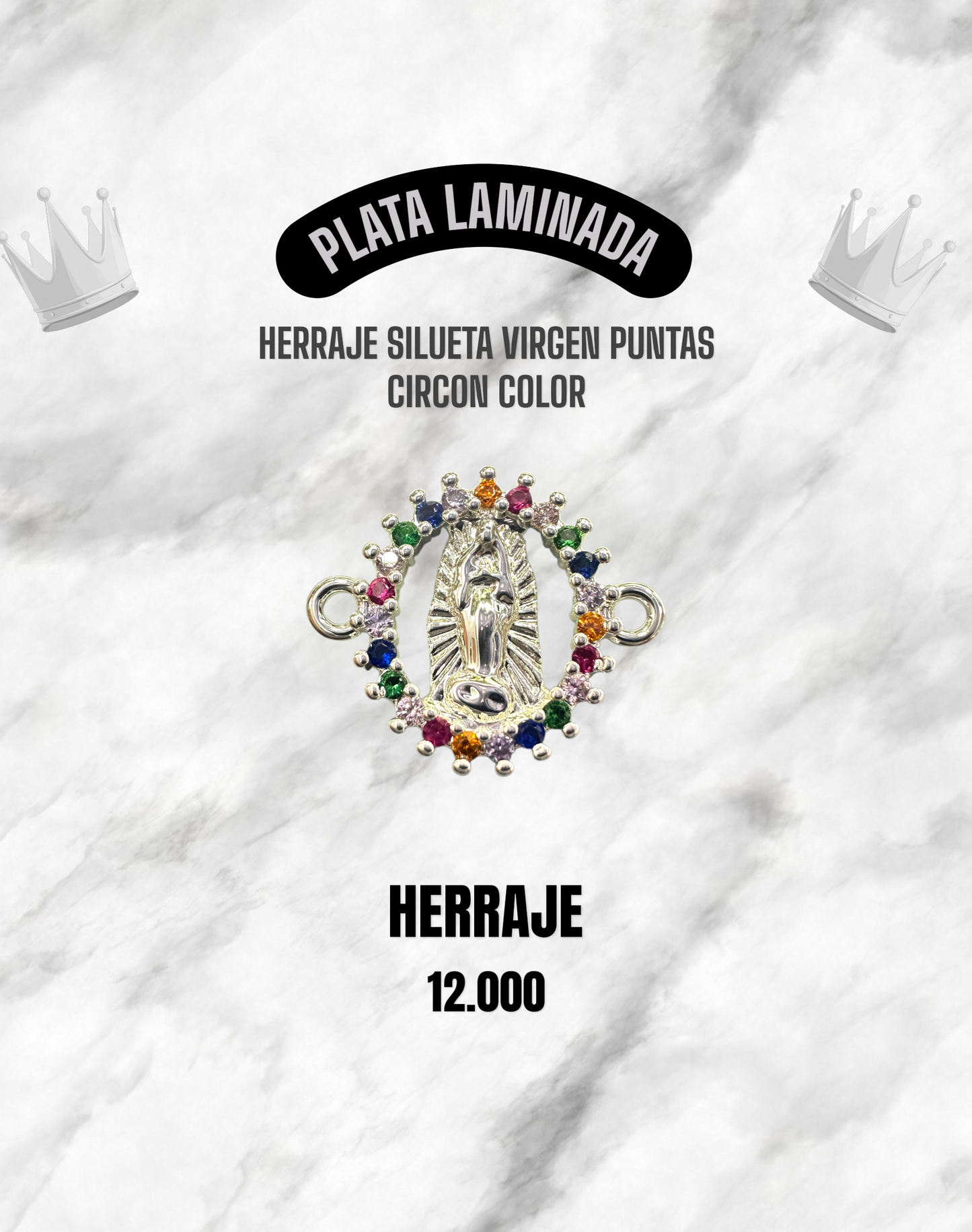 HERRAJE SILUETA VIRGEN PUNTAS CIRCÓN COLOR PLATA LAMINADA
