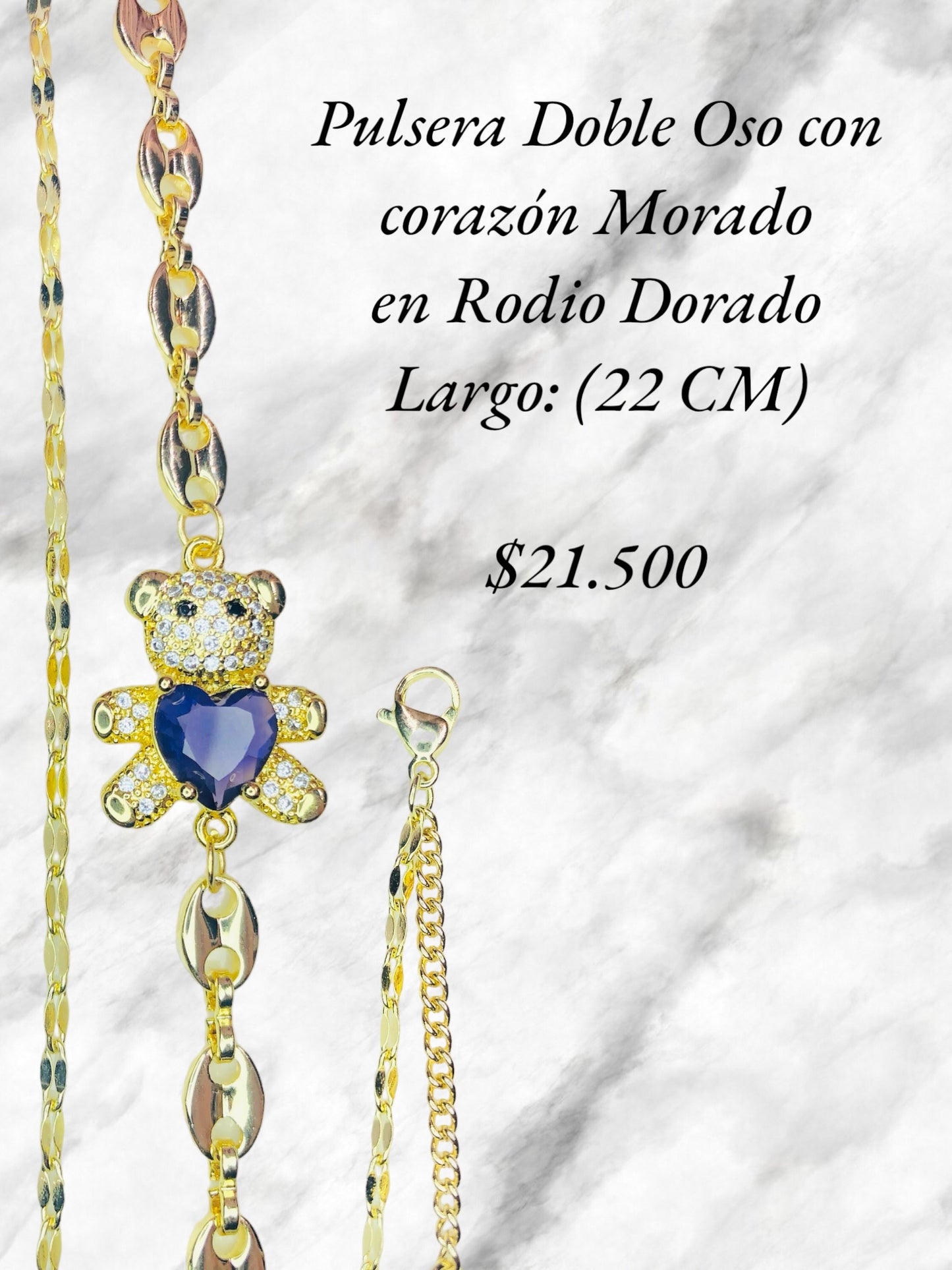 Pulsera Doble Oso Con Corazón en Rodio Dorado