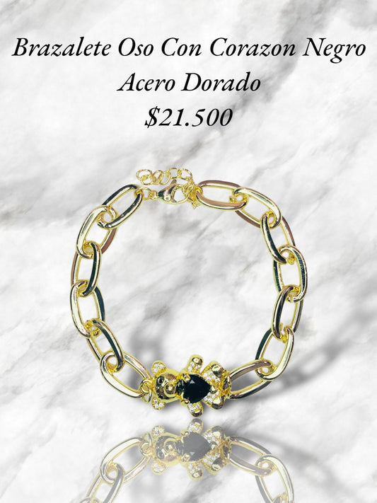 BRAZALETE OSO CON CORAZÓN RODIO DORADO