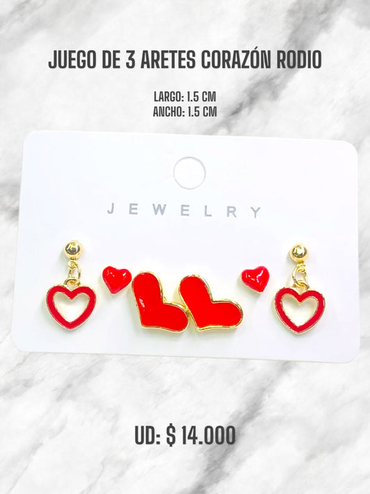 JUEGO DE 3 ARETES CORAZÓN RODIO