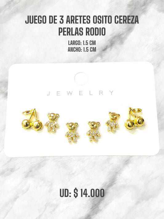 JUEGO DE 3 OSITO CEREZA  PERLAS RODIO