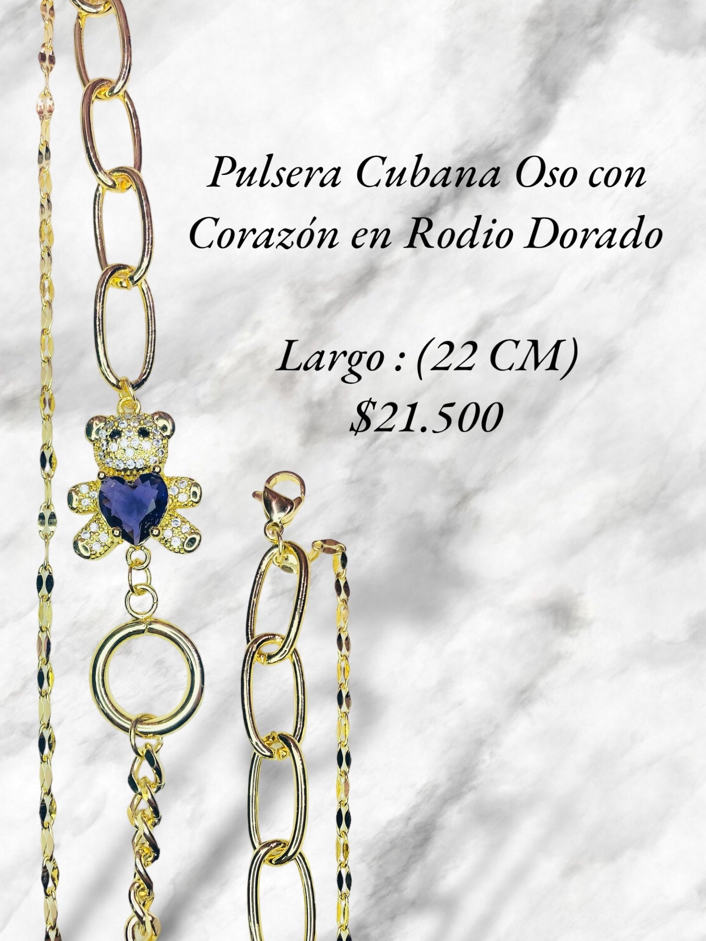 Pulsera Cubana con Oso con Corazón en Rodio Dorado