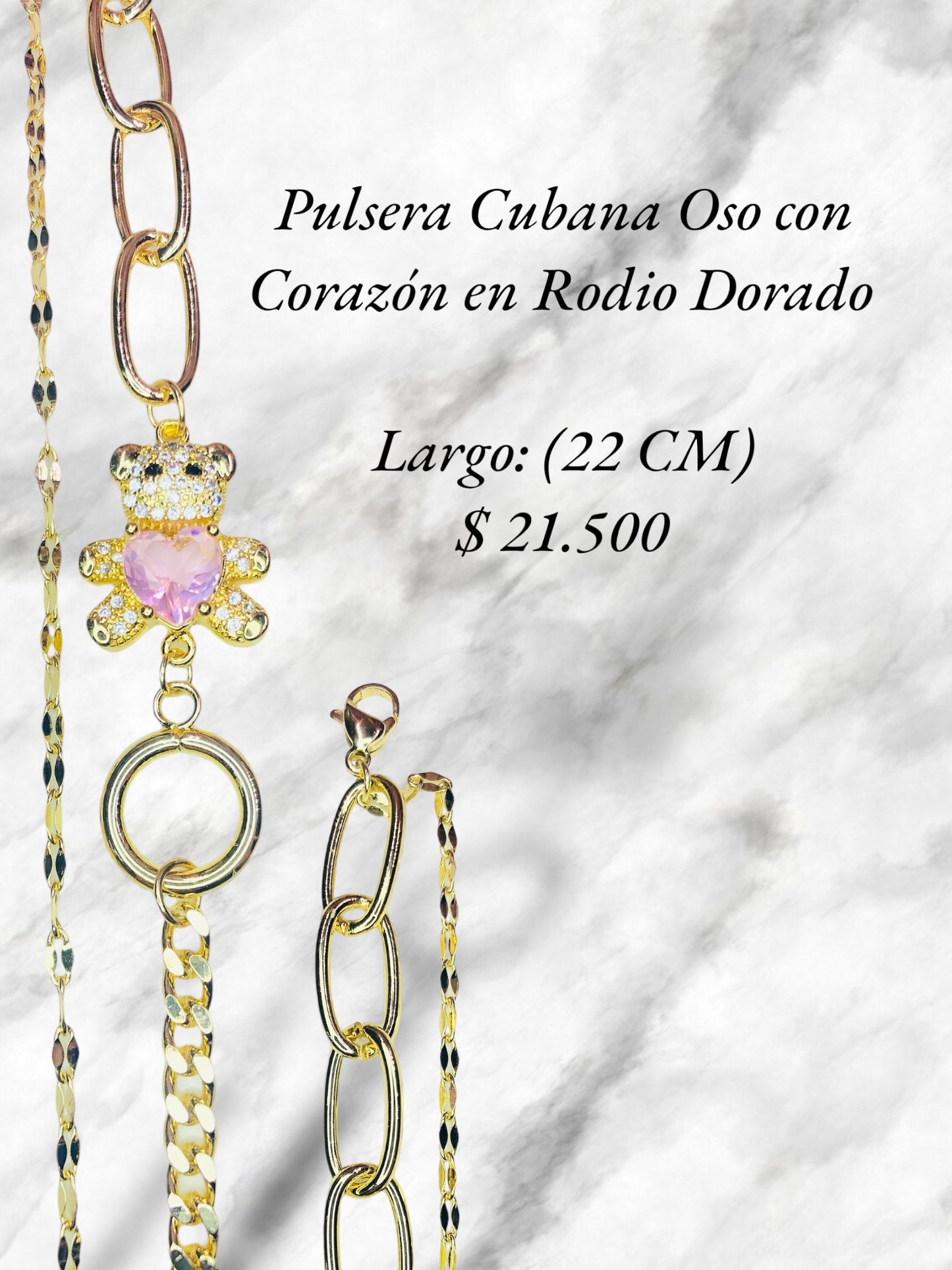 Pulsera Cubana con Oso con Corazón en Rodio Dorado