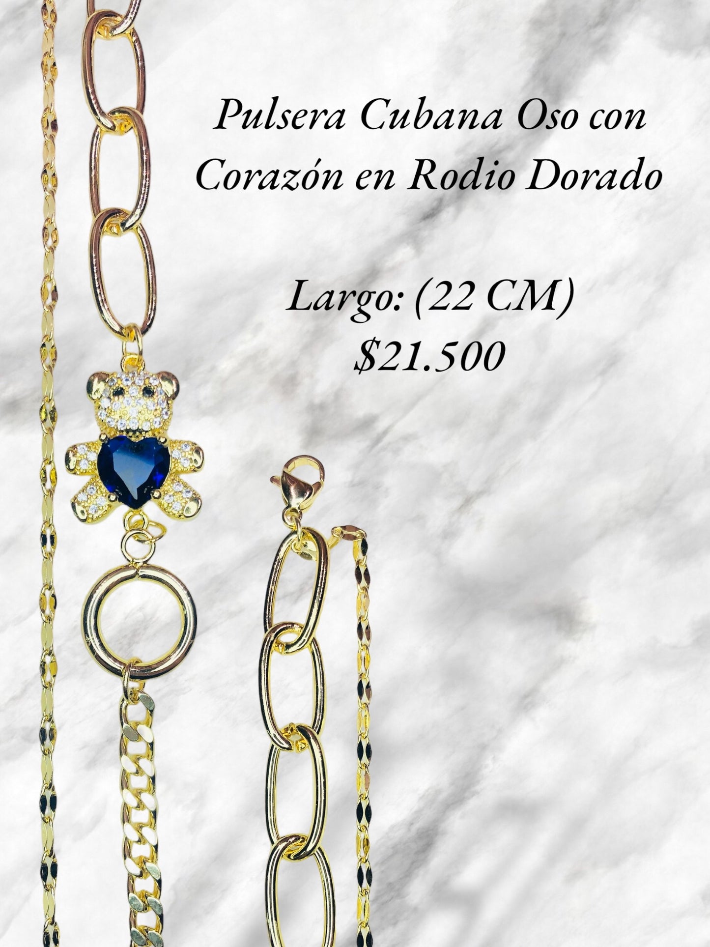 Pulsera Cubana con Oso con Corazón en Rodio Dorado