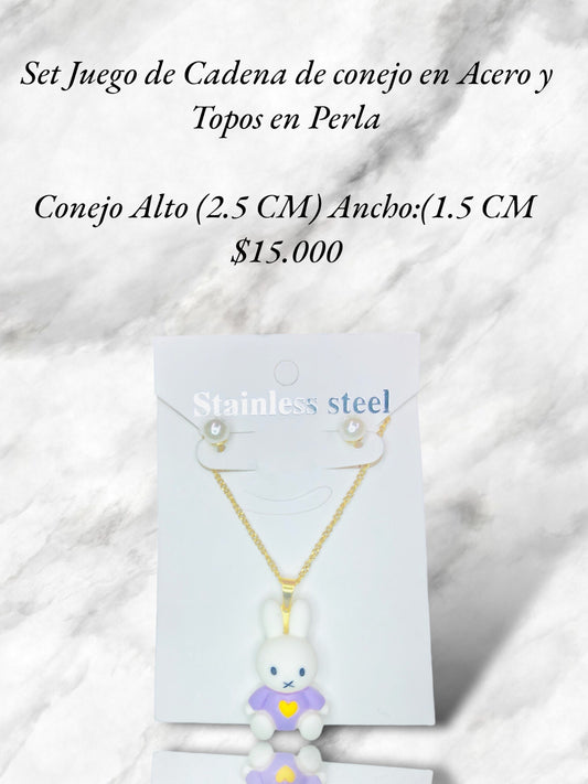 Set de Cadena de Conejo en Acero y topos en Perla.