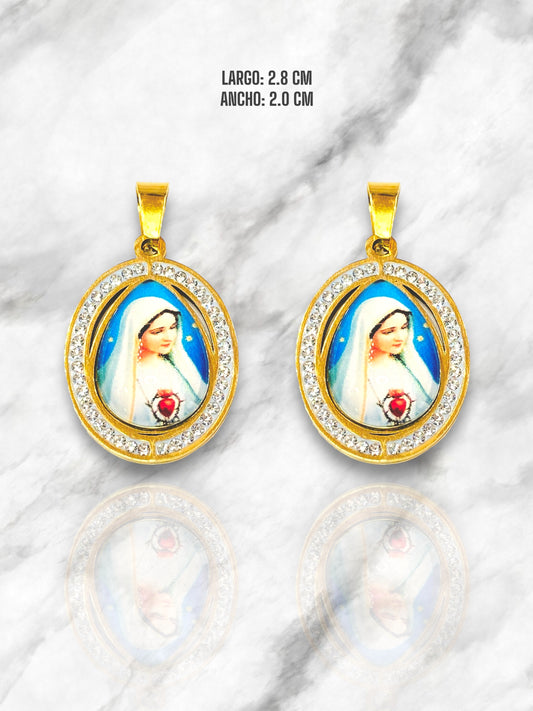 DIJE VIRGEN SAGRADO CORAZÓN CON CIRCONES ACERO DORADO (colgante)