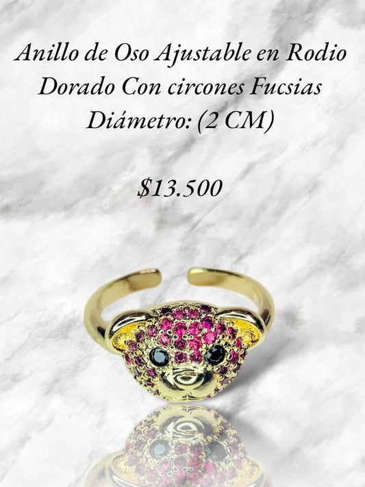 Anillo de Oso Ajustable en Rodio Dorado con circones fucsias