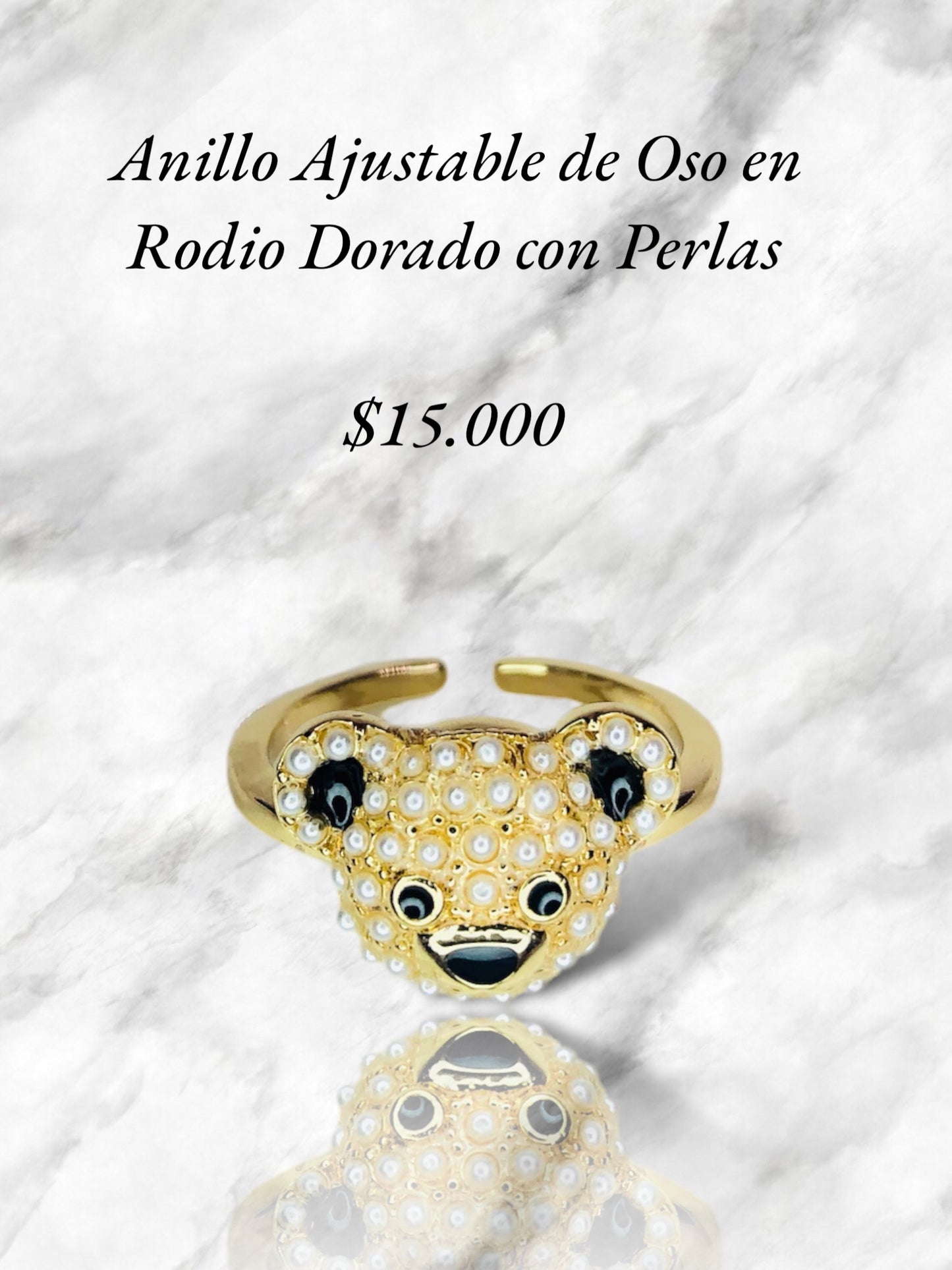 Anillo Ajustable de Oso con Perlas Blancas en Rodio Dorado