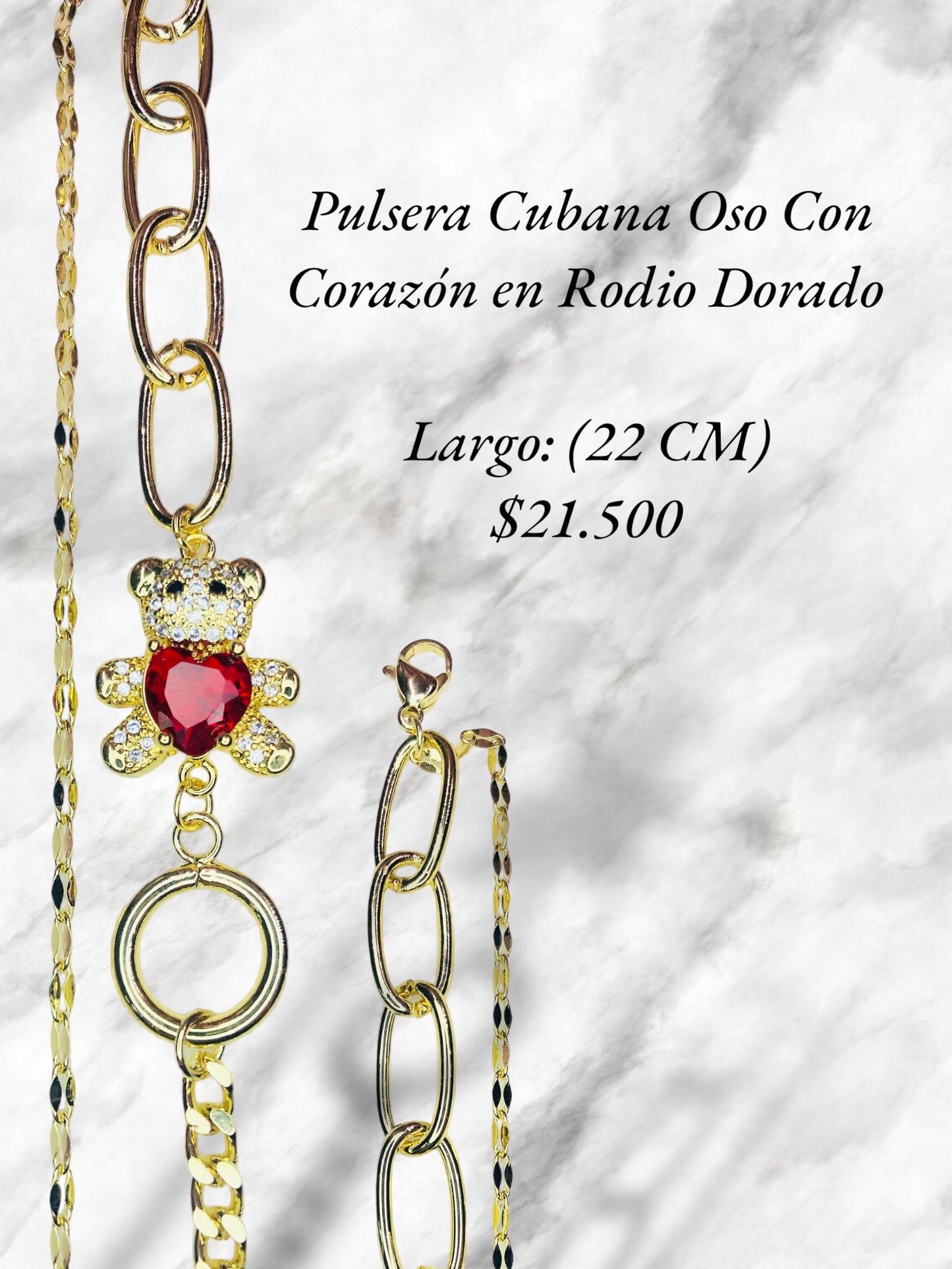 Pulsera Cubana con Oso con Corazón en Rodio Dorado