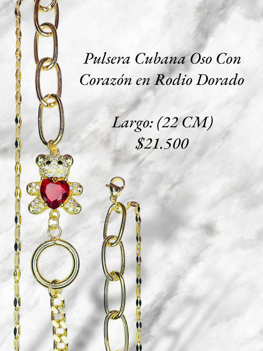 Pulsera Cubana con Oso con Corazón en Rodio Dorado