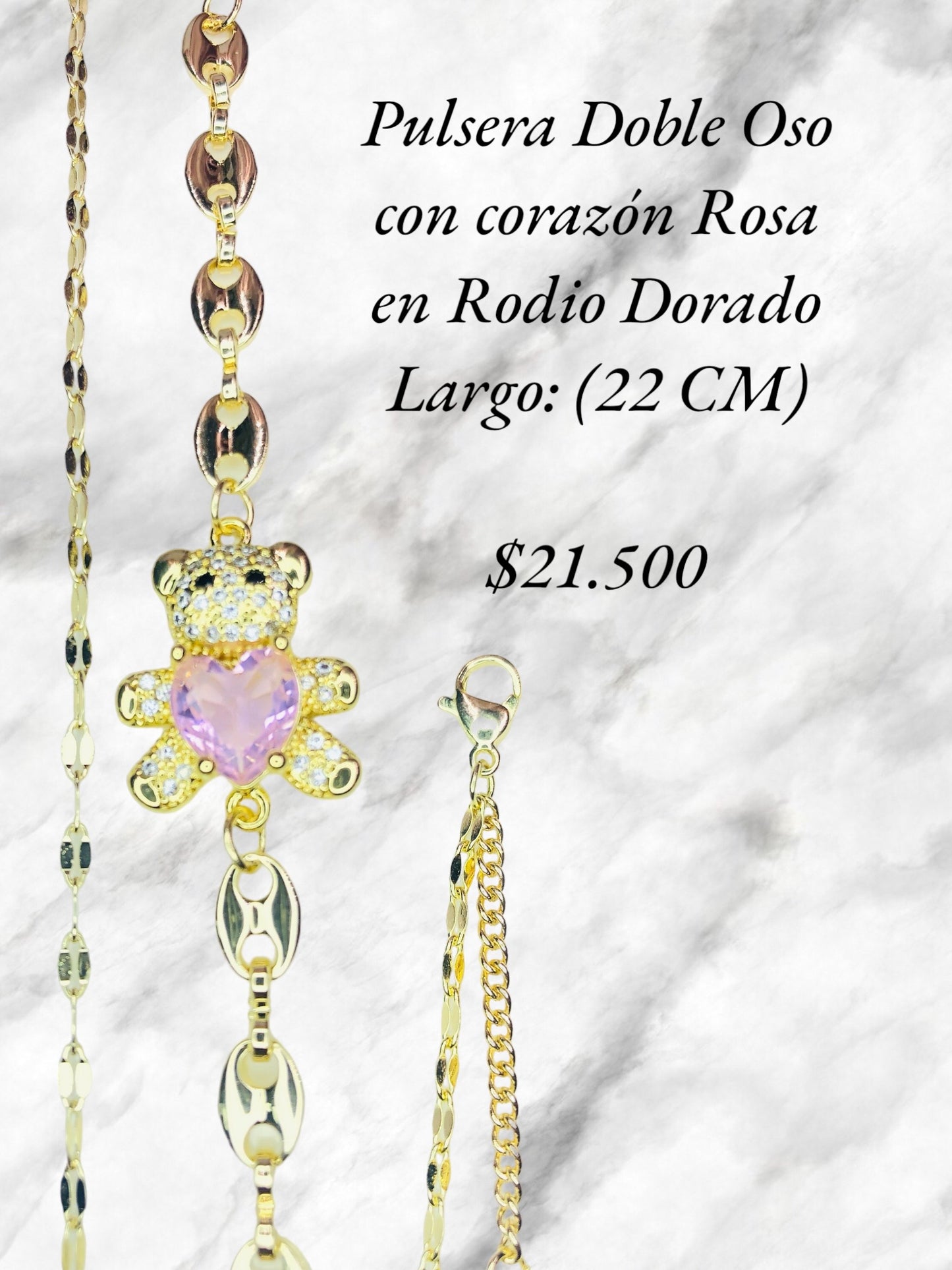 Pulsera Doble Oso Con Corazón en Rodio Dorado