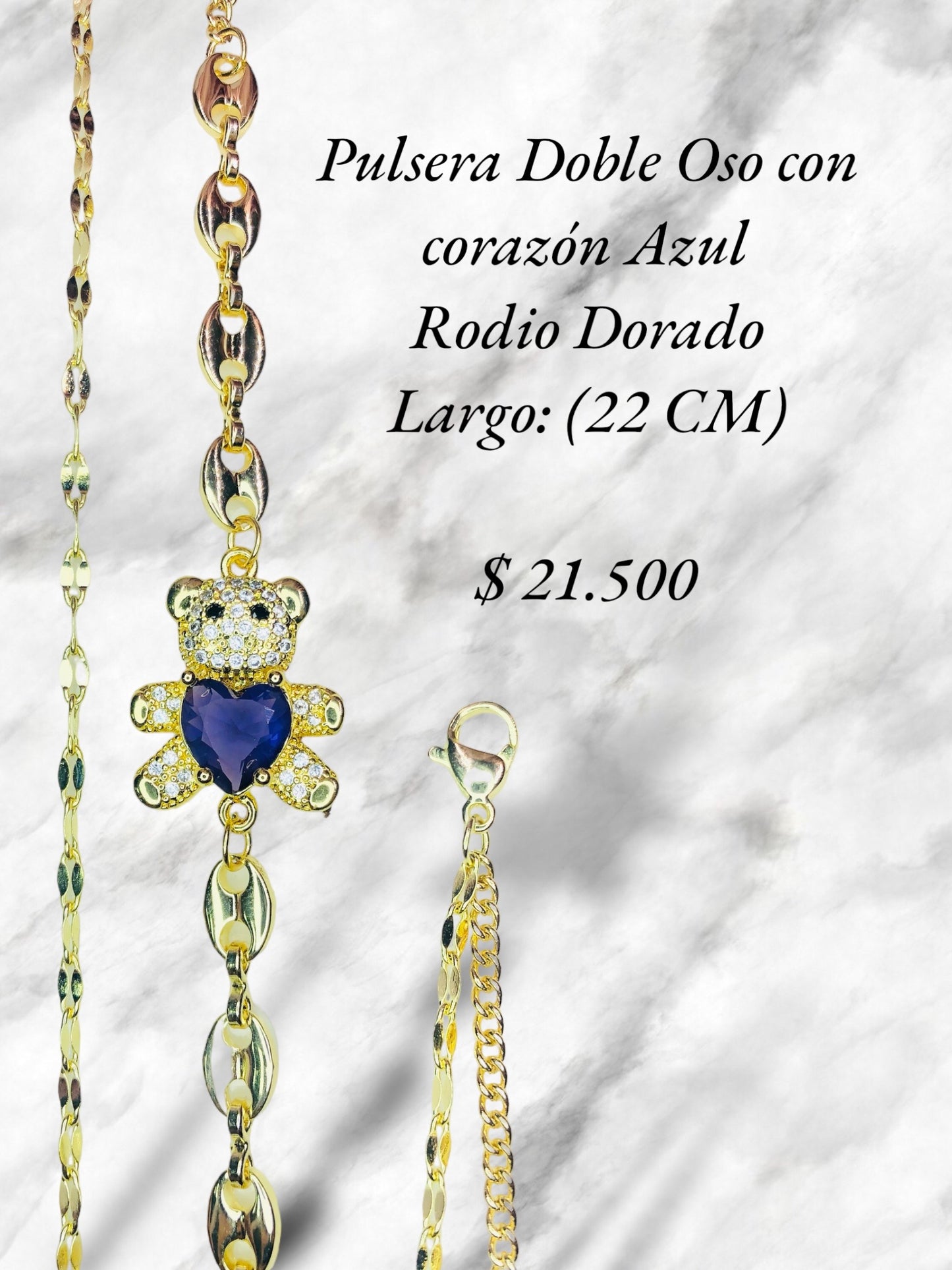 Pulsera Doble Oso Con Corazón en Rodio Dorado