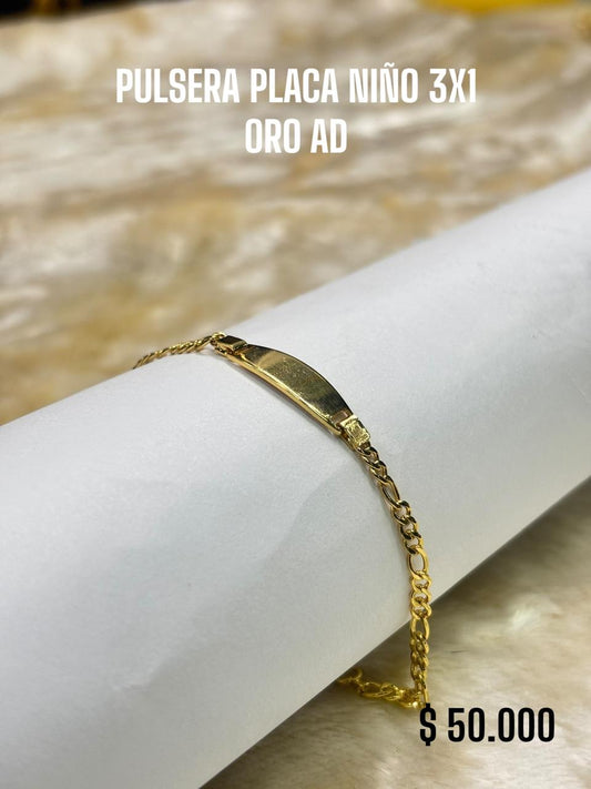 PULSERA PLACA NIÑO 3X1 ORO AD