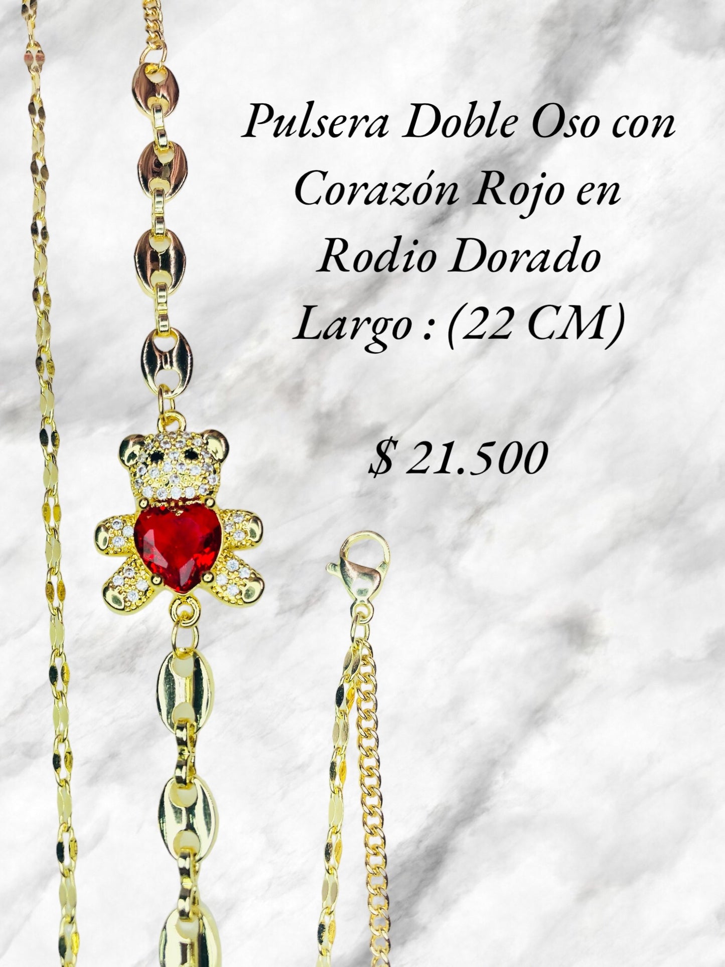 Pulsera Doble Oso Con Corazón en Rodio Dorado