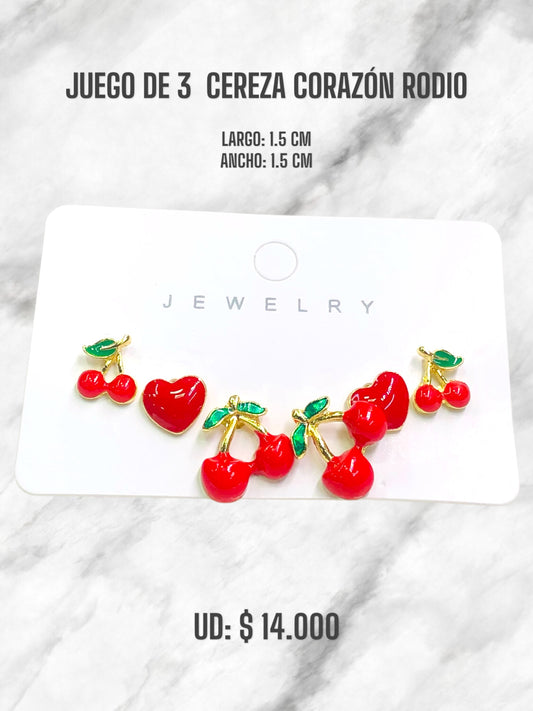 JUEGO DE 3 CEREZA CORAZÓN RODIO