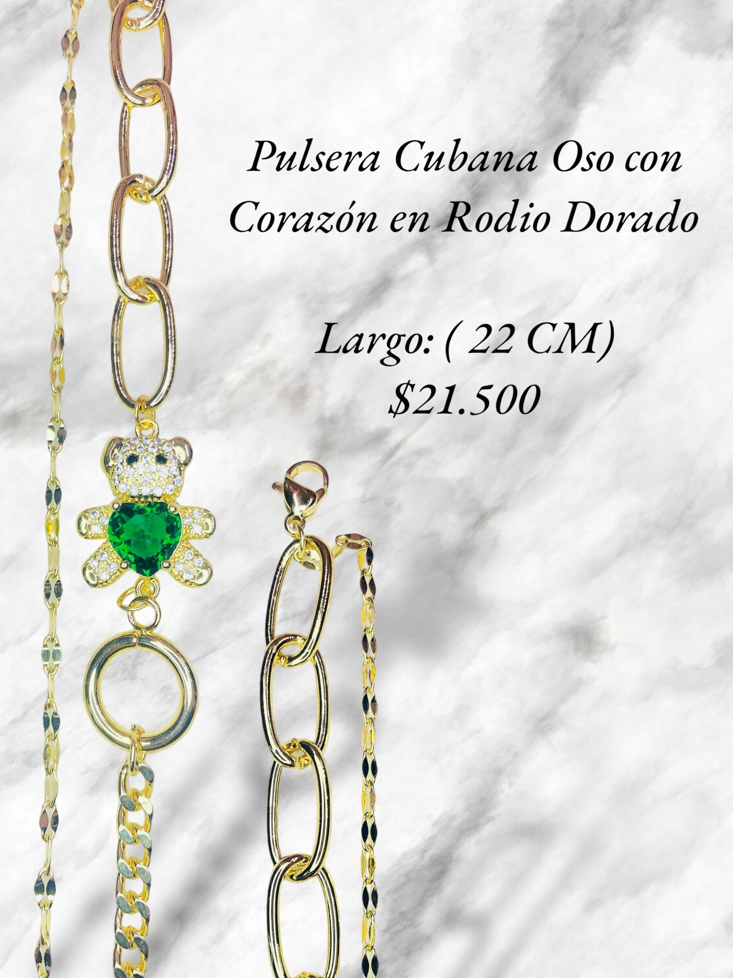 Pulsera Cubana con Oso con Corazón en Rodio Dorado