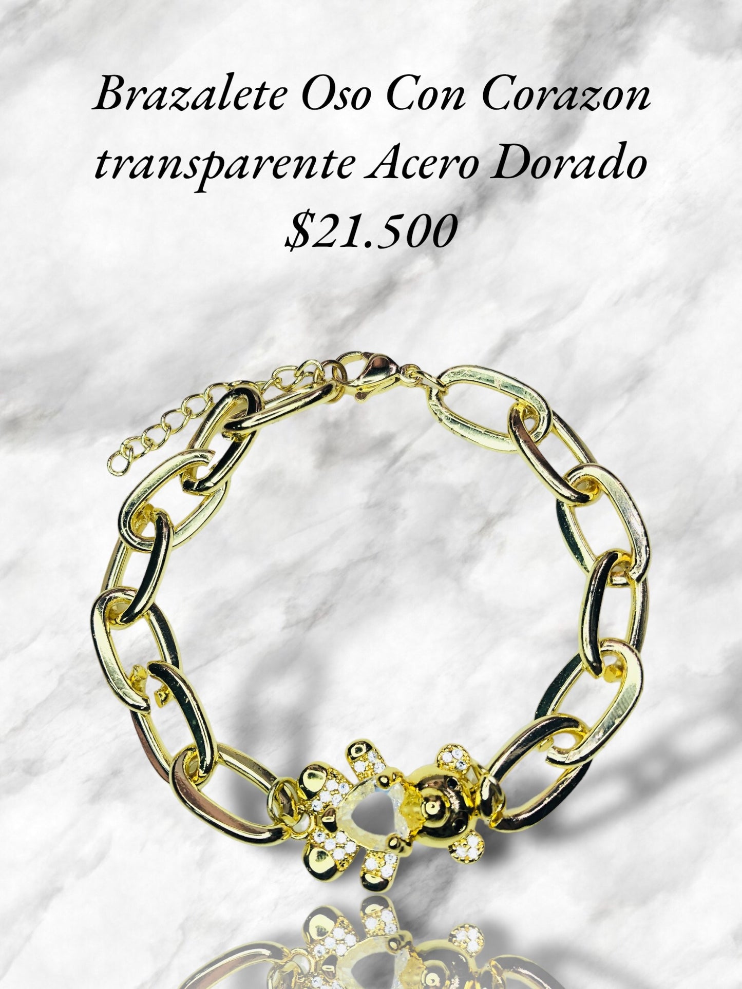 BRAZALETE OSO CON CORAZÓN RODIO DORADO