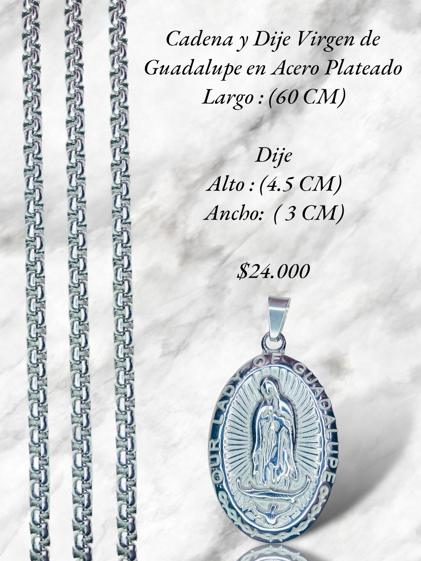 Cadena y Dije Virgen de Guadalupe en Acero Plateado