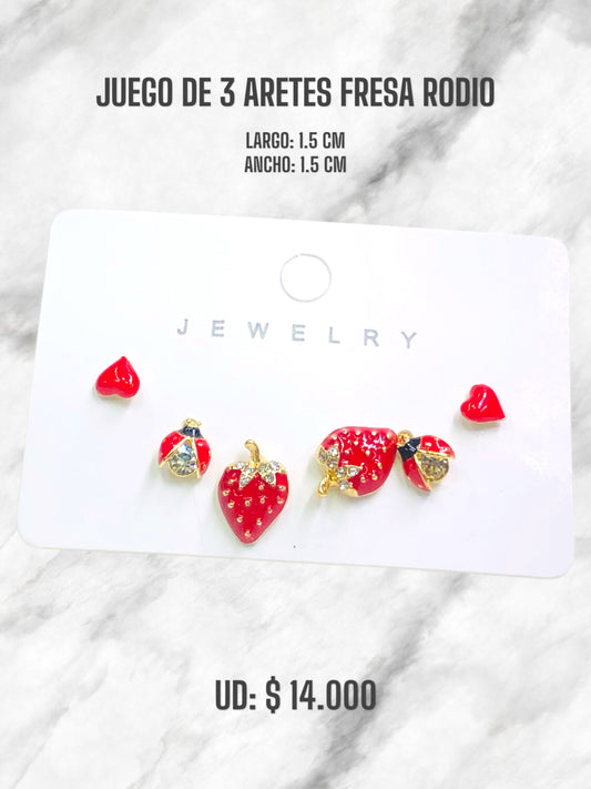 JUEGO DE 3 ARETES FRESA RODIO