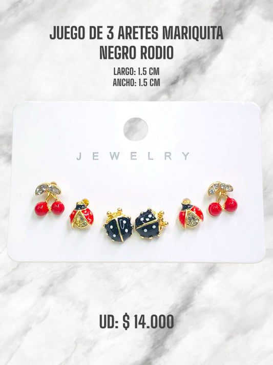 JUEGO DE 3 ARETES MARIQUITA NEGRO RODIO