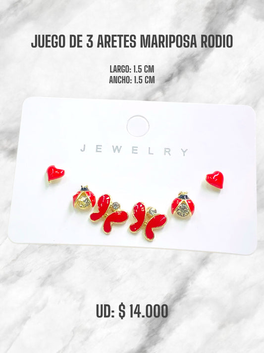 JUEGO DE 3 ARETES MARIPOSA RODO