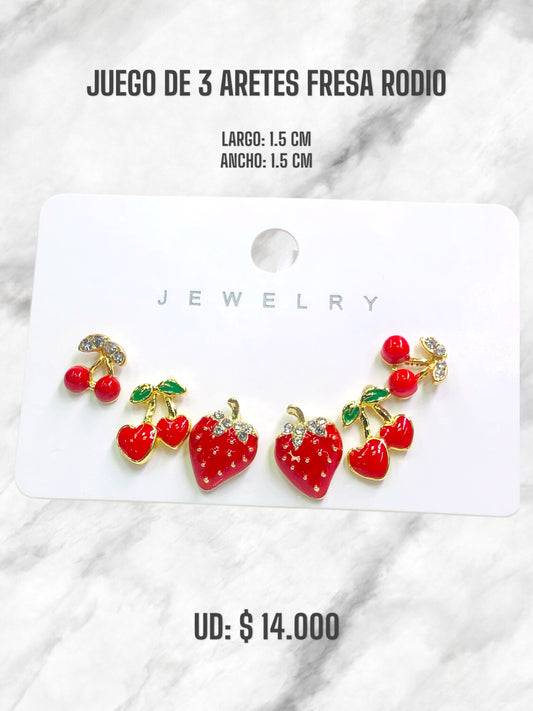 JUEGO DE 3 ARETES FRESA RODIO