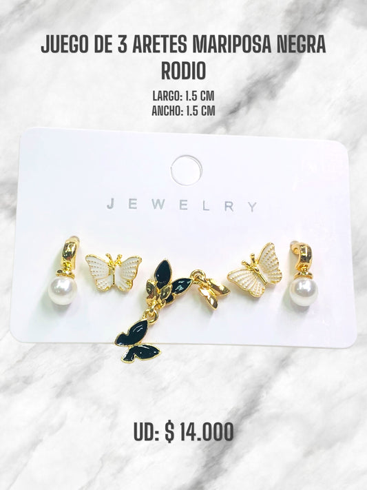 JUEGO DE 3 ARETES MARIPOSA NEGRA RODIO