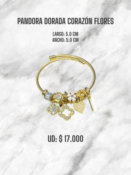 PANDORA DORADA CORAZÓN FLORES