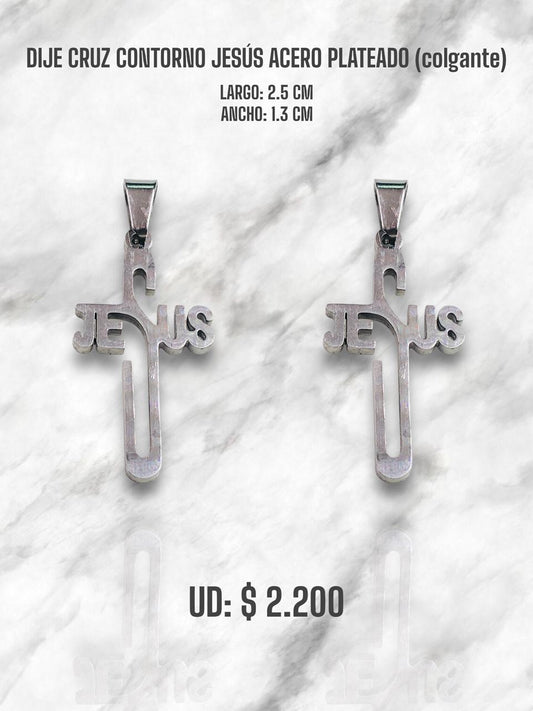 DIJE CRUZ CONTORNO JESÚS ACERO PLATEADO (colgante)
